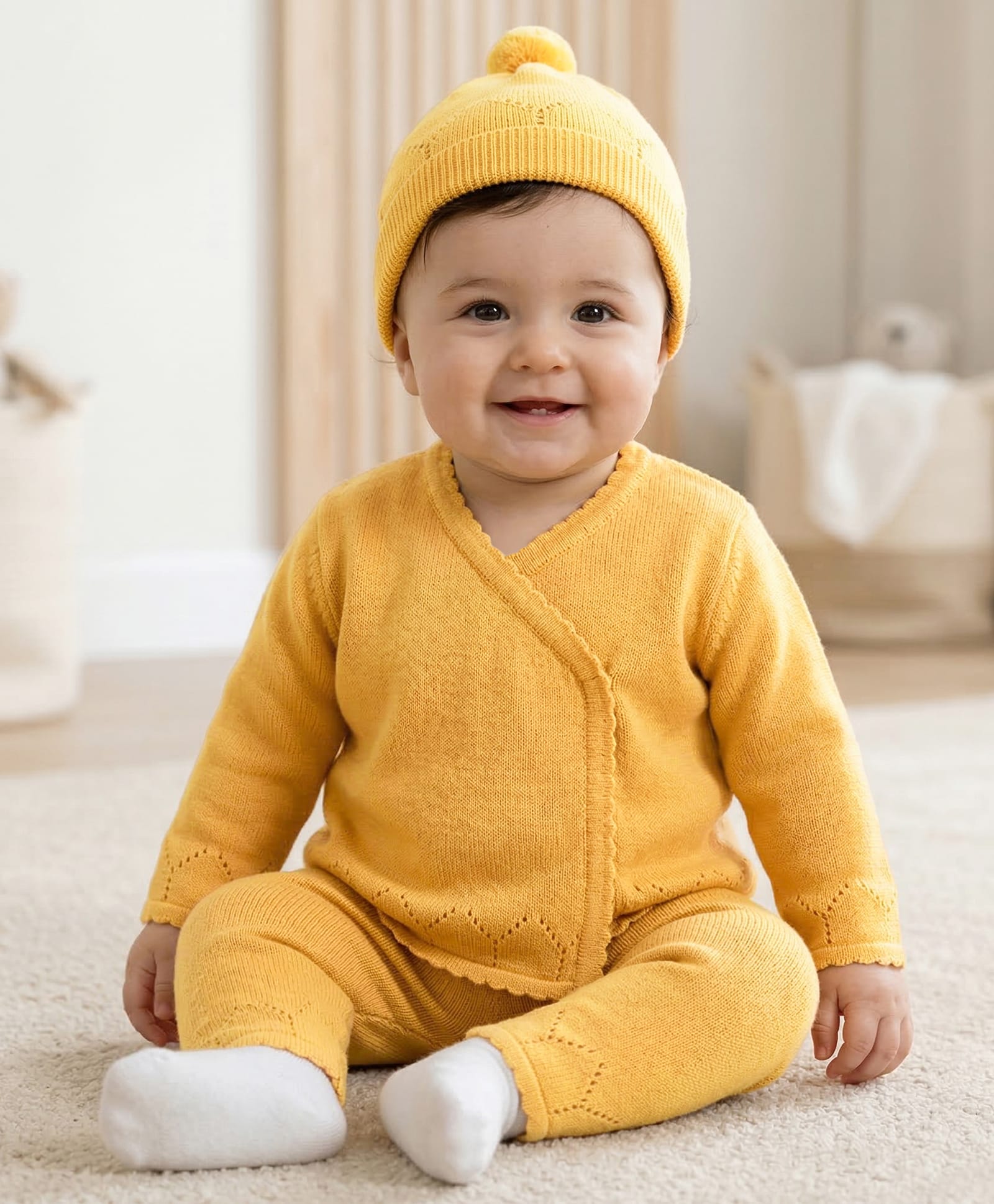 Babyoye Cotton Knit full Sleeves Front Open Solid Colour Sweater Set With Cap - Yellow-image-41