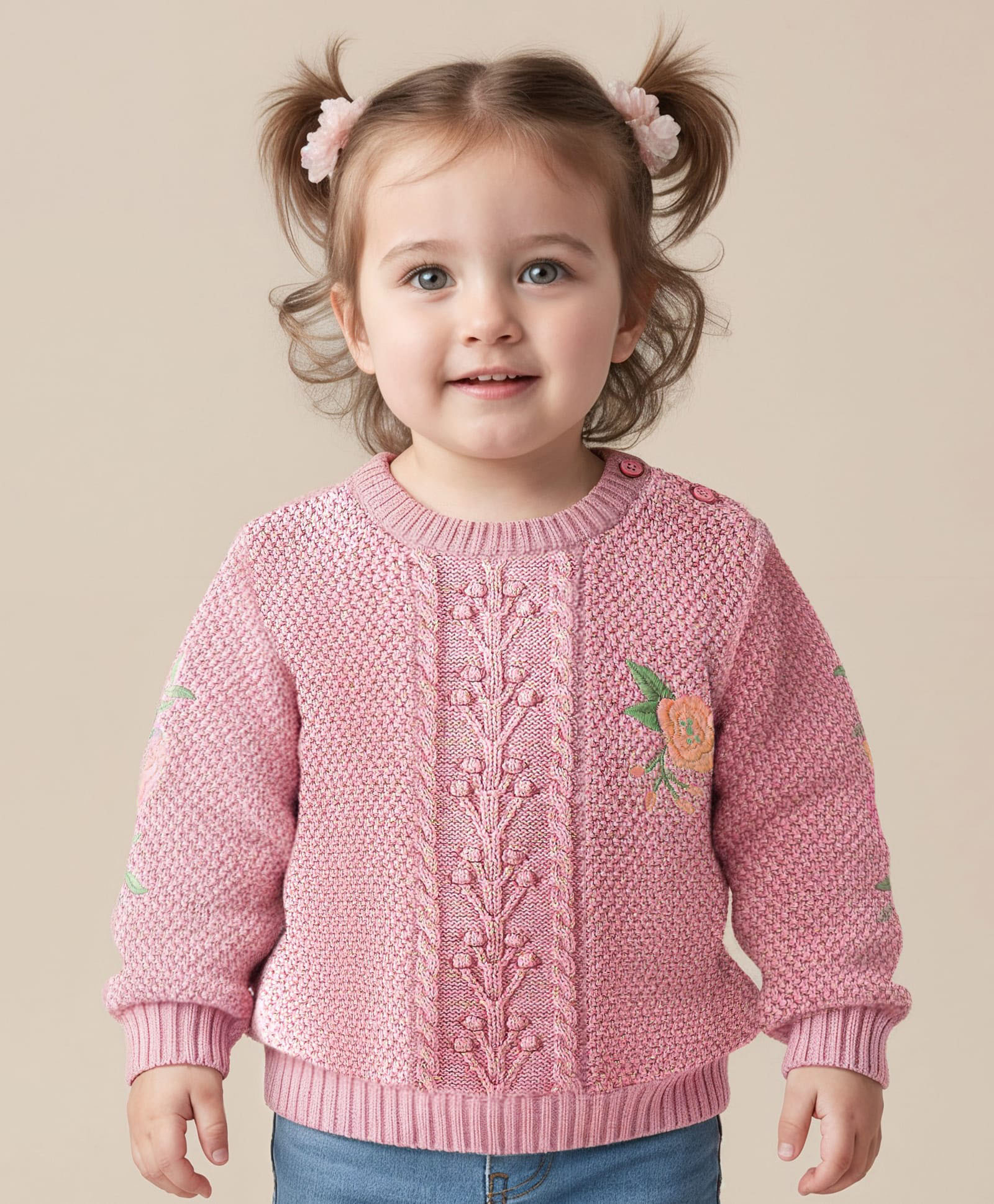 Babyoye Knitted Full Sleeves Pullover with Cable Knit Design & Floral Embroidery - Pink-picture-30