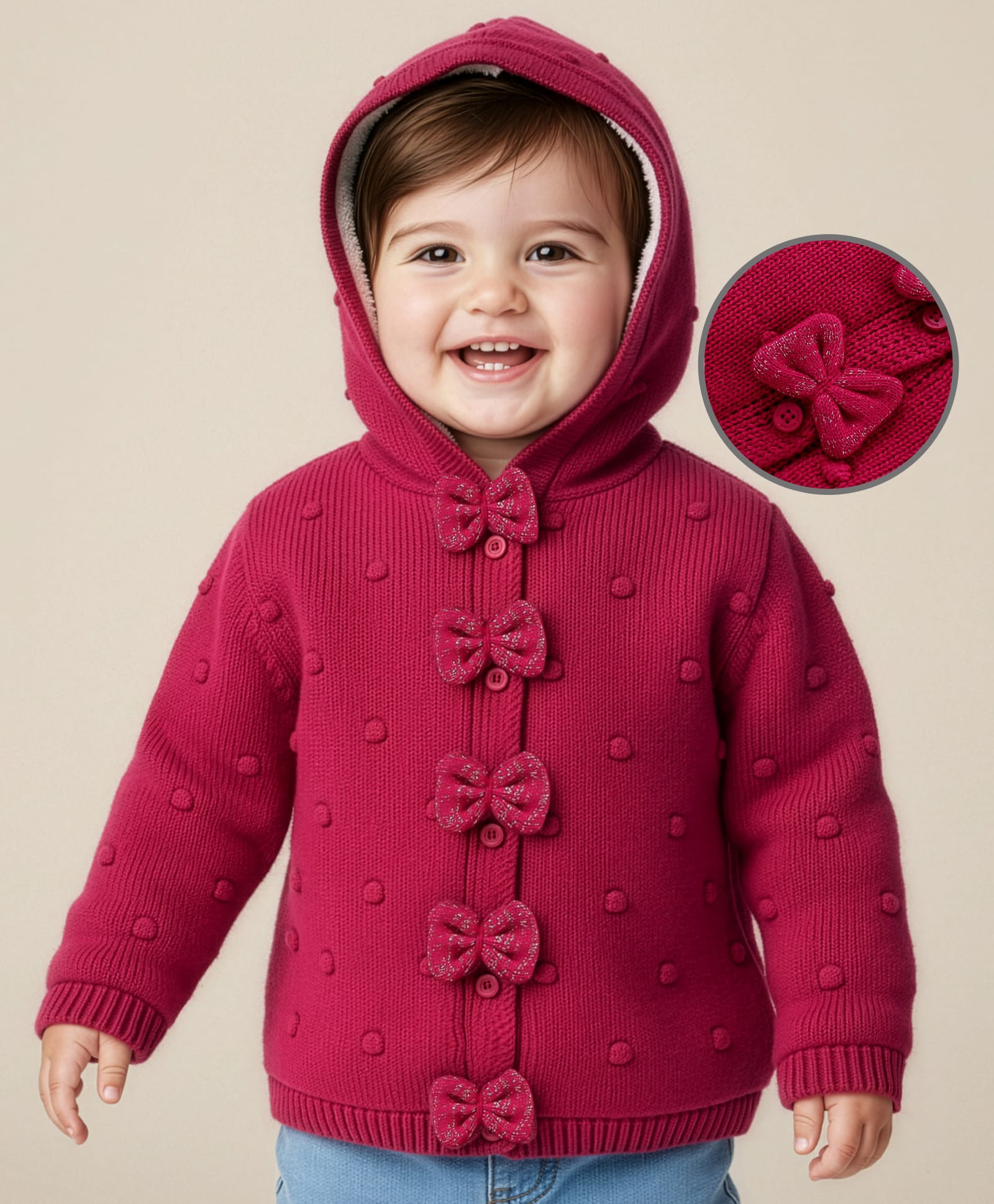 Babyoye Knit Full Sleeves Front Open Hooded Sweater with Bow Applique - Maroon-picture-25