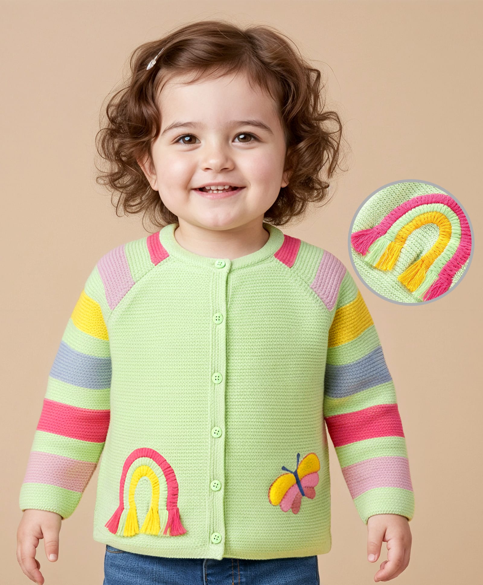 Babyoye Knitted Full Raglan Sleeves Front Open Sweater With Stripes & Butterfly Embroidery Detailing - Green-picture-41