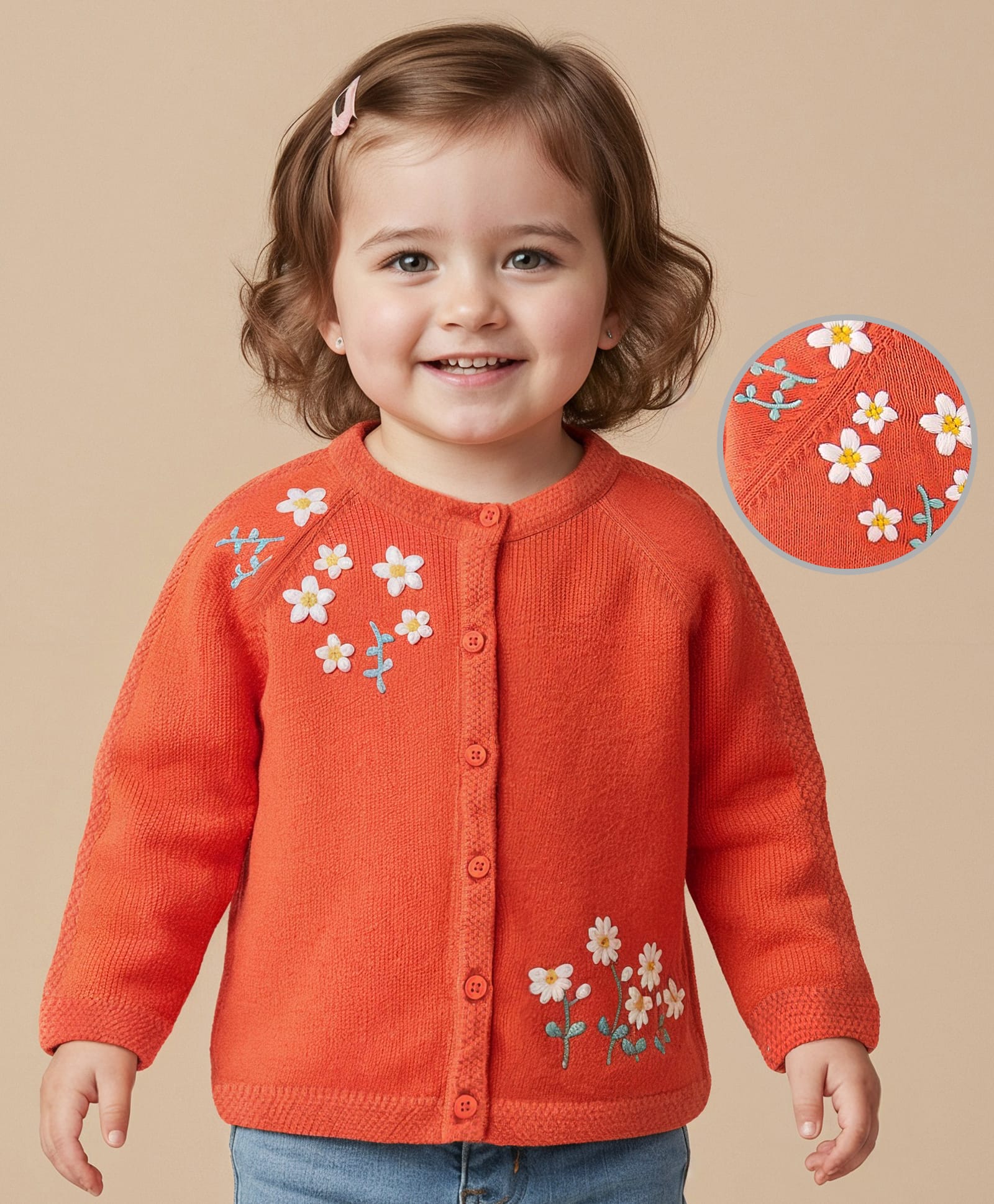 Babyoye Cotton Knit Full Sleeves Front Open Sweater with Floral Embroidery - Orange-picture-16