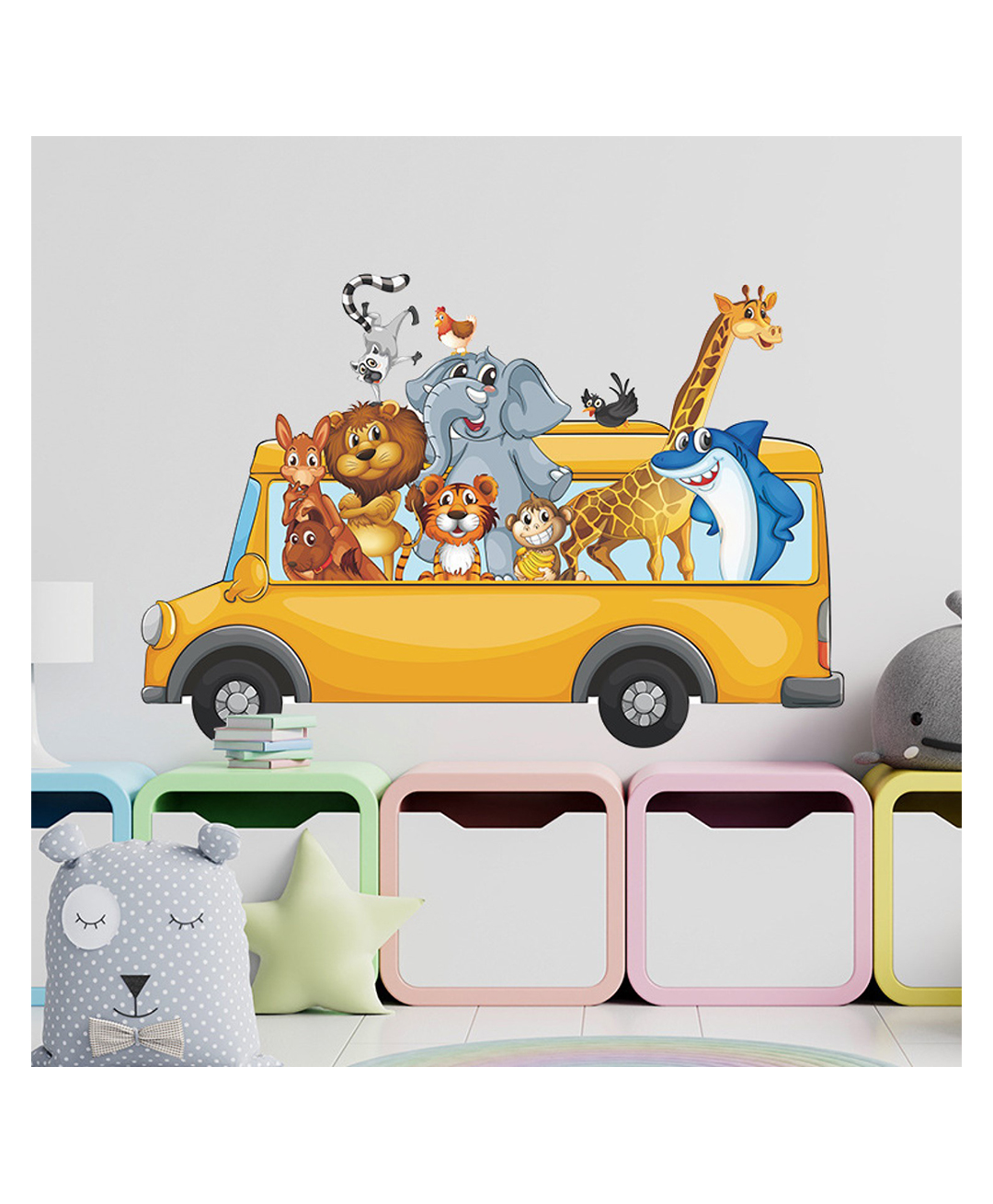 Jaamso Royals Animals in Orange Car Self Adhesive Kids Room Decor Wall Sticker-picture-25