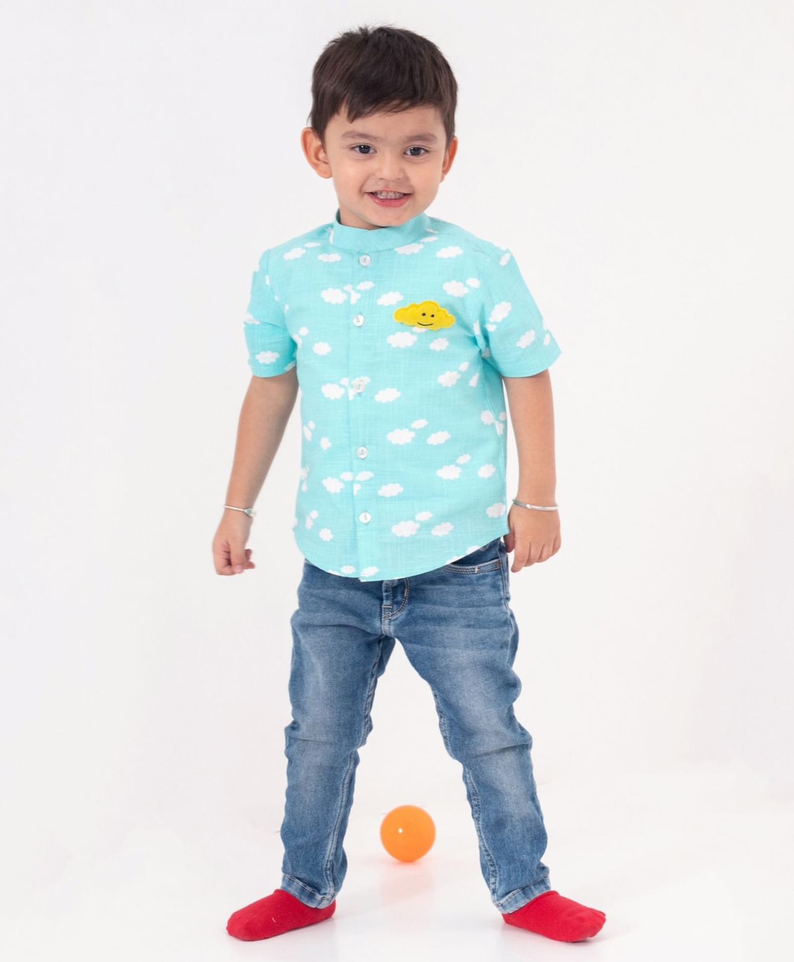 Tiber Taber Half Sleeves Clouds Printed Shirt With Detachable Brooch - Blue-picture-10