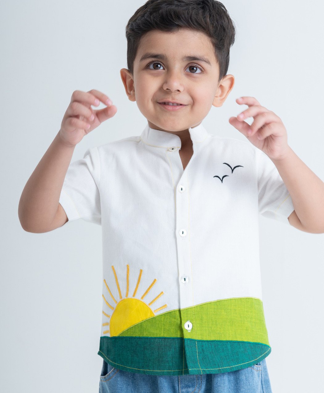 Tiber Taber Half Sleeve Sun Scape Embroidered Shirt - White-image-8