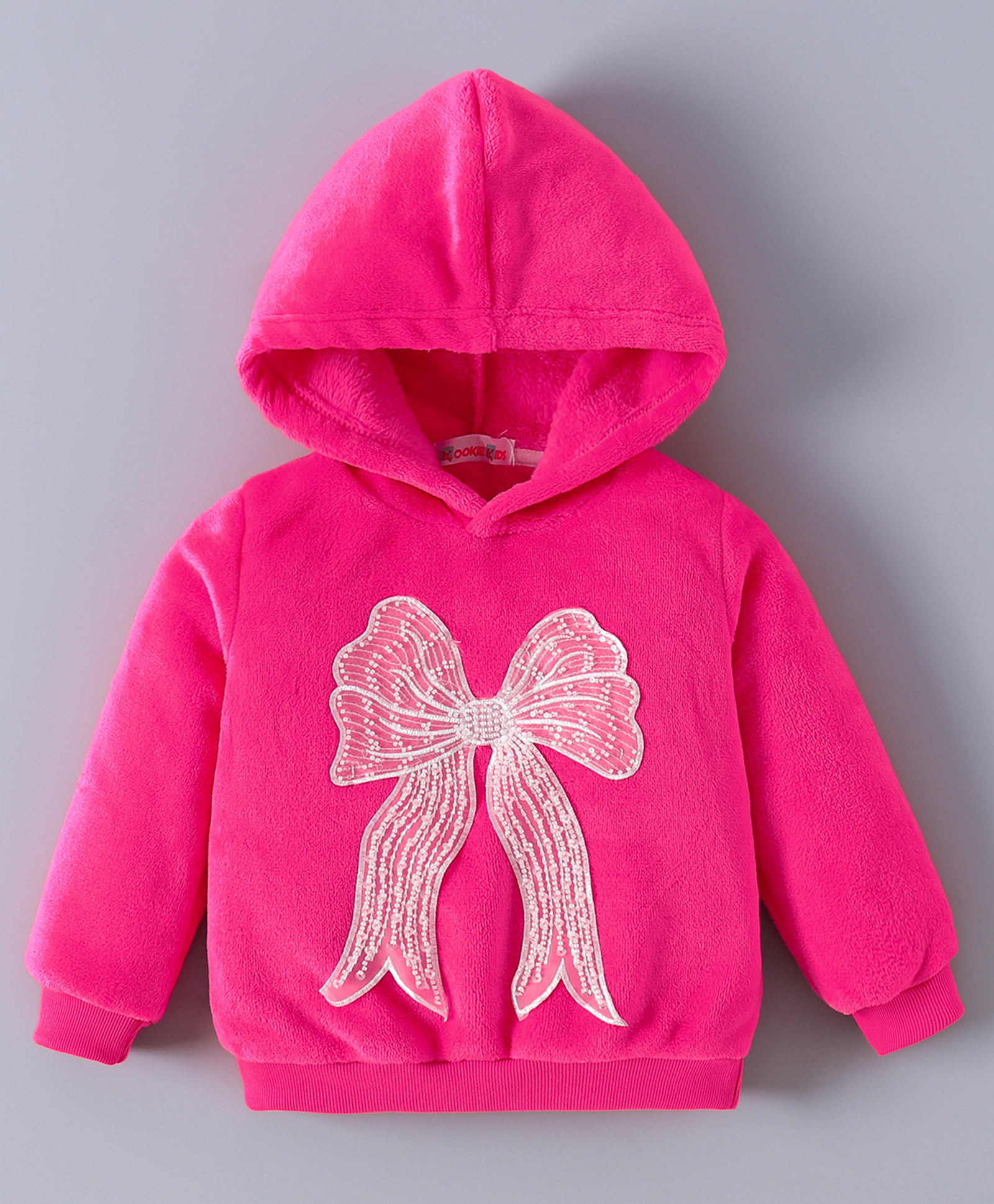 Kookie Kids Full Sleeves Hooded Sweatshirt With Bow Embroidery - Fushcia-image-44