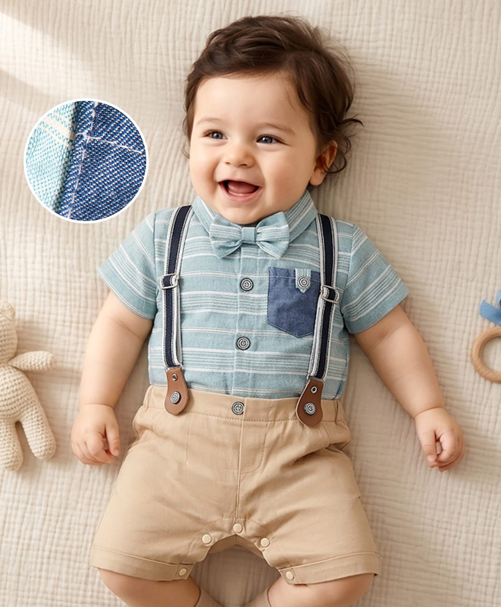 Mark & Mia Full Sleeves Striped Party Wear Romper with Bow Pocket & Suspender Detailing - Khaki-picture-24
