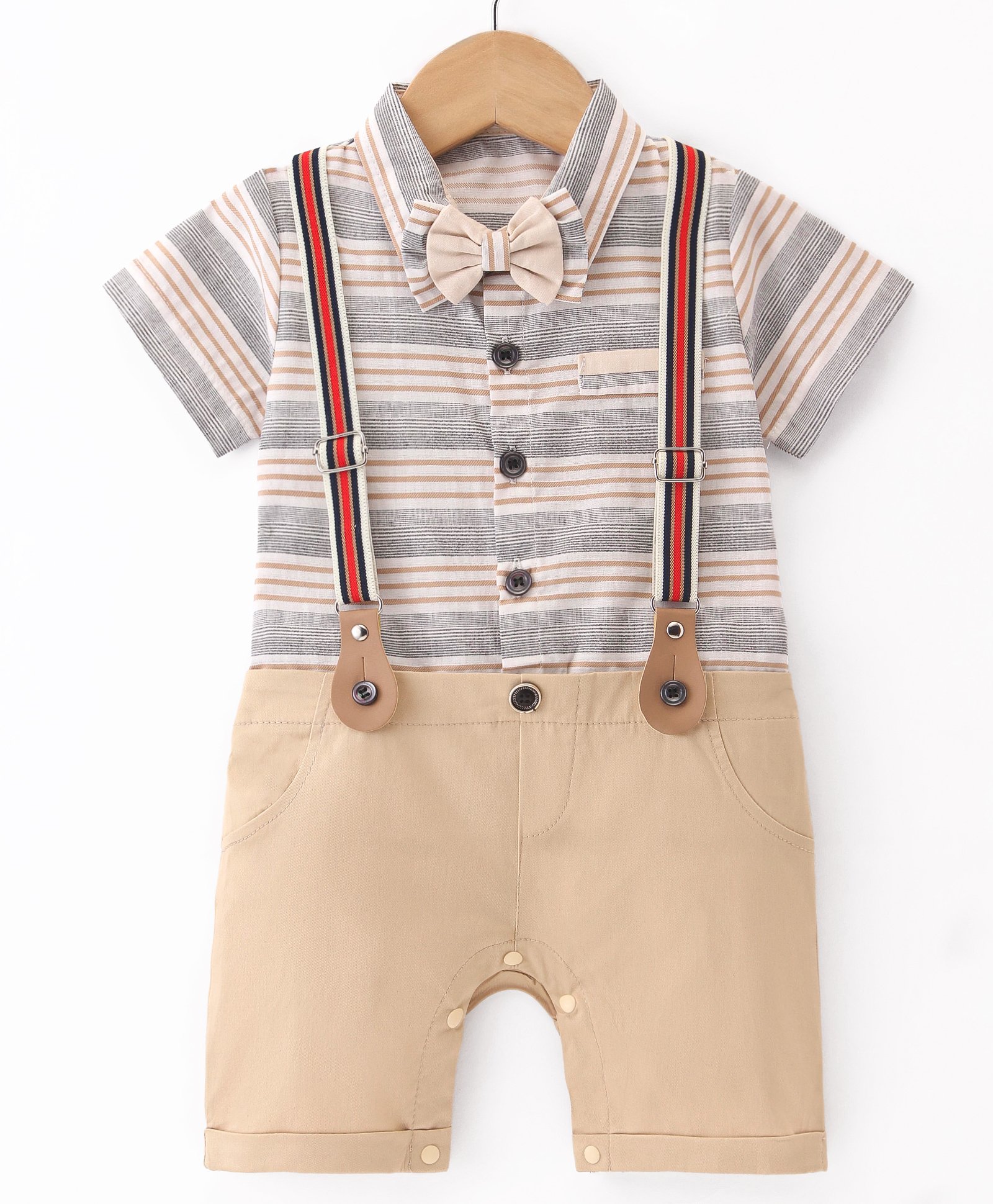 Mark & Mia Half Sleeves Knee Length Striped Party Romper with Bow & Suspender - Khaki-picture-27