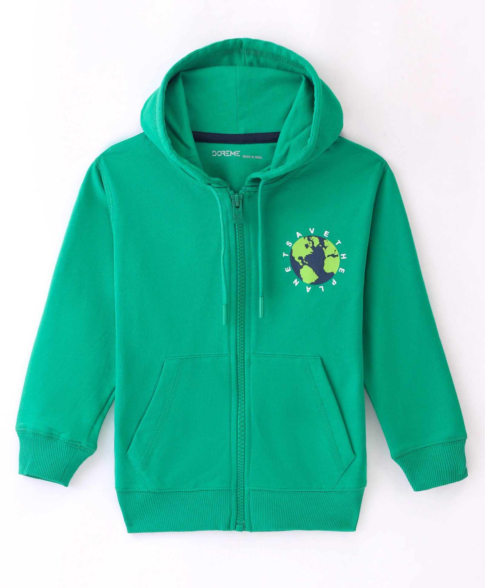 Doreme Fleece Knit Full Sleeves Hooded  Sweat Jacket with Earth Print - Green-image-27