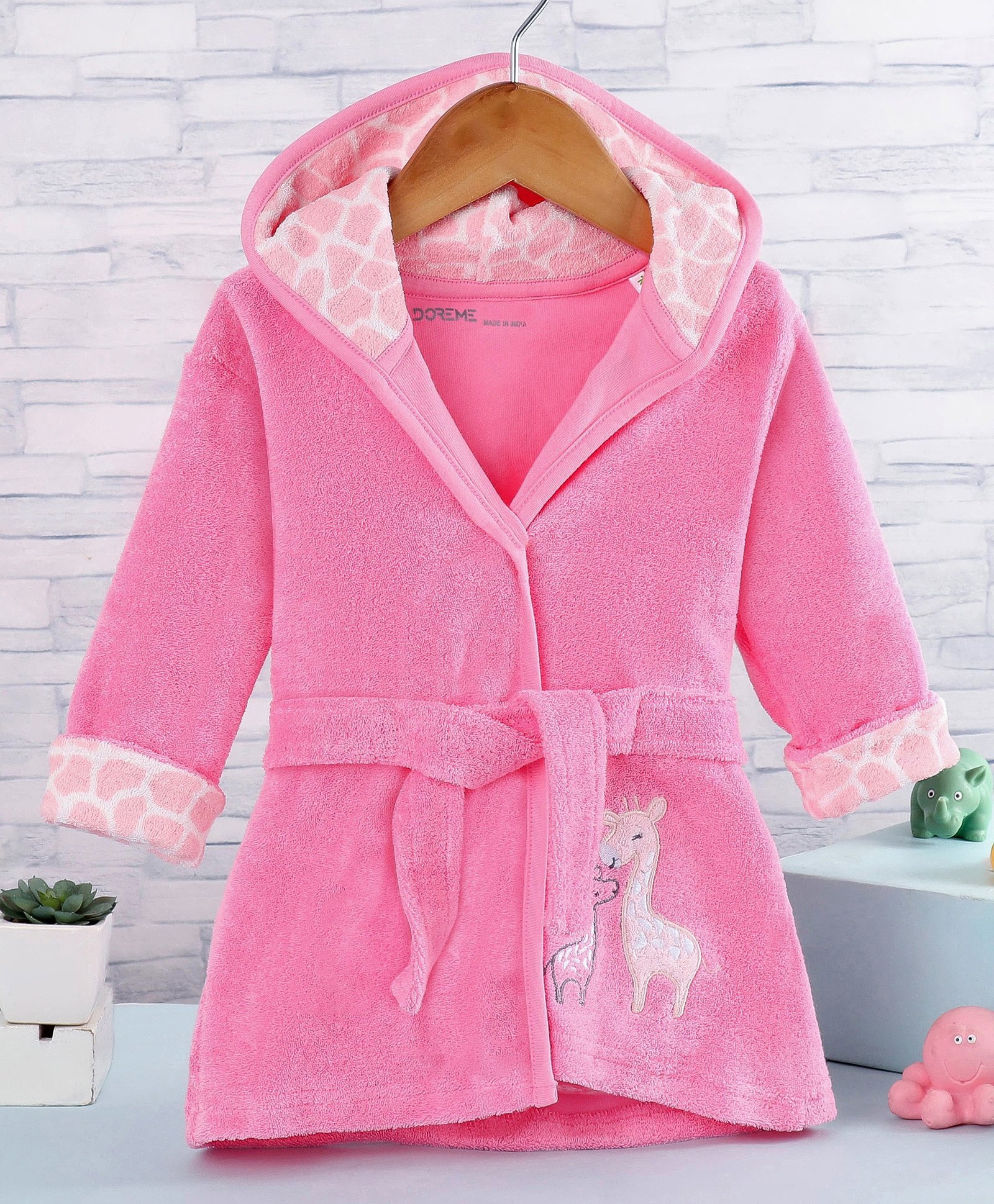 Doreme Terry Full Sleeves Hooded Bath Robe with Giraffe  Patch - Pink-image-26