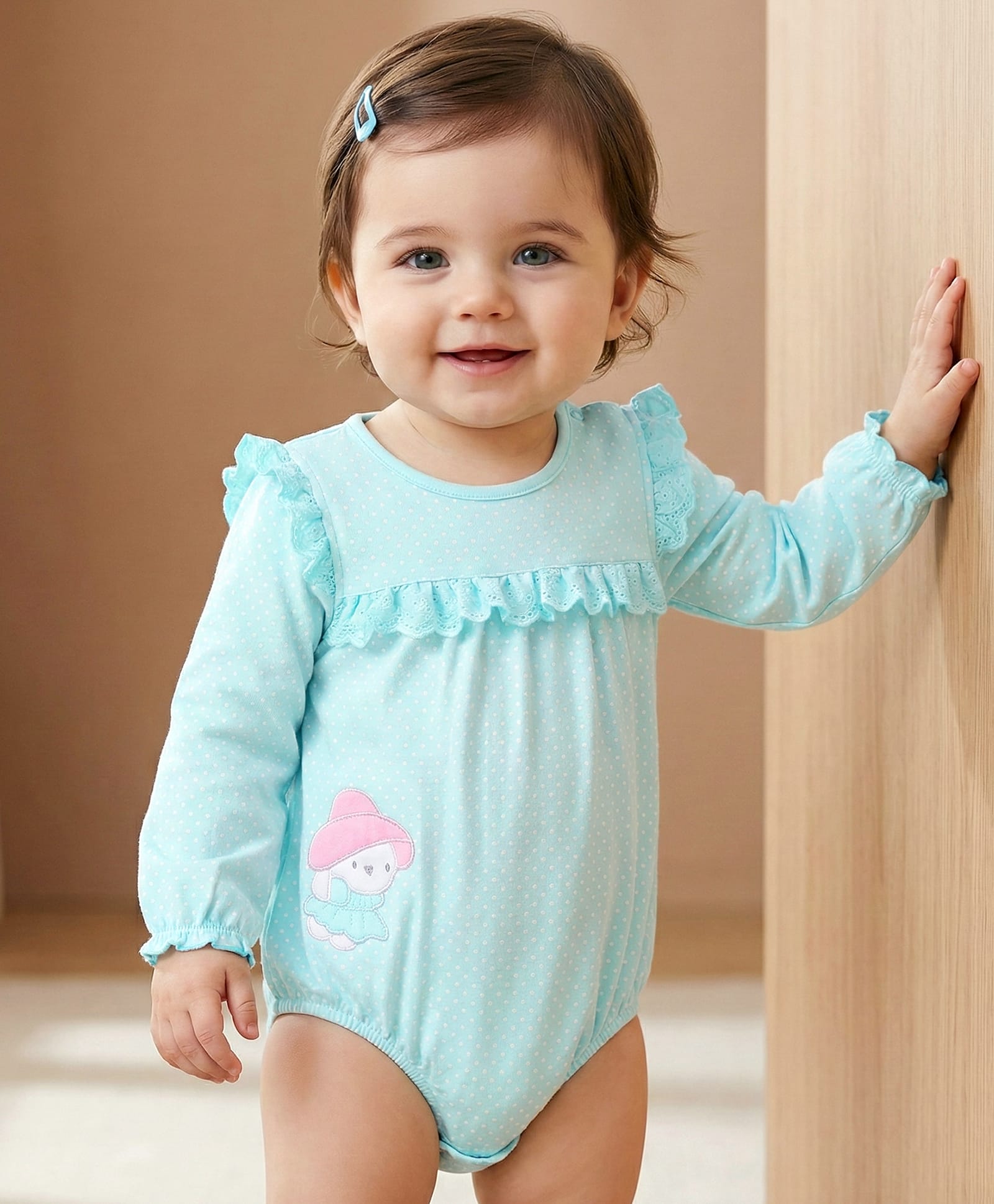 Babyoye Frock Style Full Sleeves Polka Dots Printed Onesies with Doll Patch & Frill Detailing - Aqua Blue-image-38