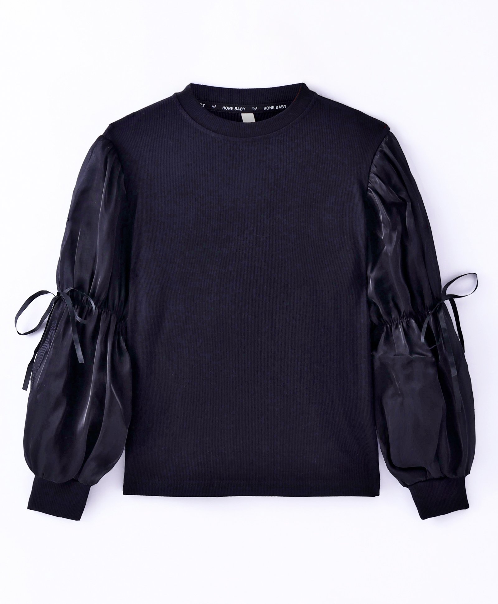 Kookie Kids Full Sleeves Peasant Sleeves Solid Colour Top With Bow Applique - Black-image-17
