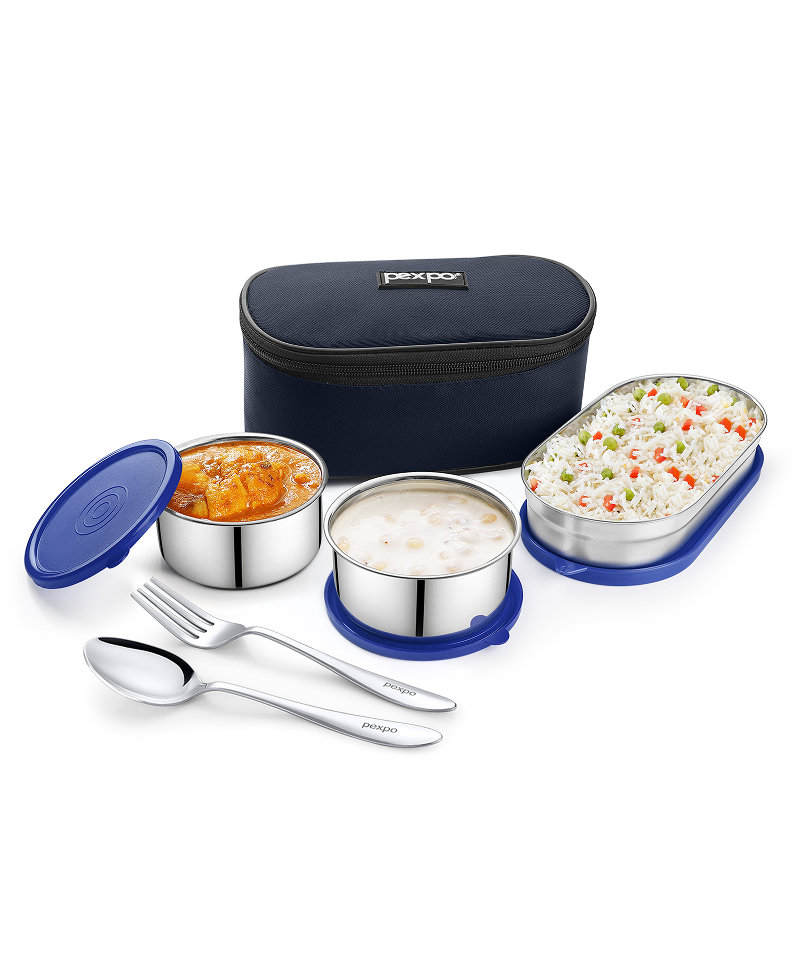 go24 PEXPO Stainless Steel Double Decker Lunch Box with 2 Round & 1 Oval Air-Tight Containers, Blue, Delight | Compact & Portable-picture-21