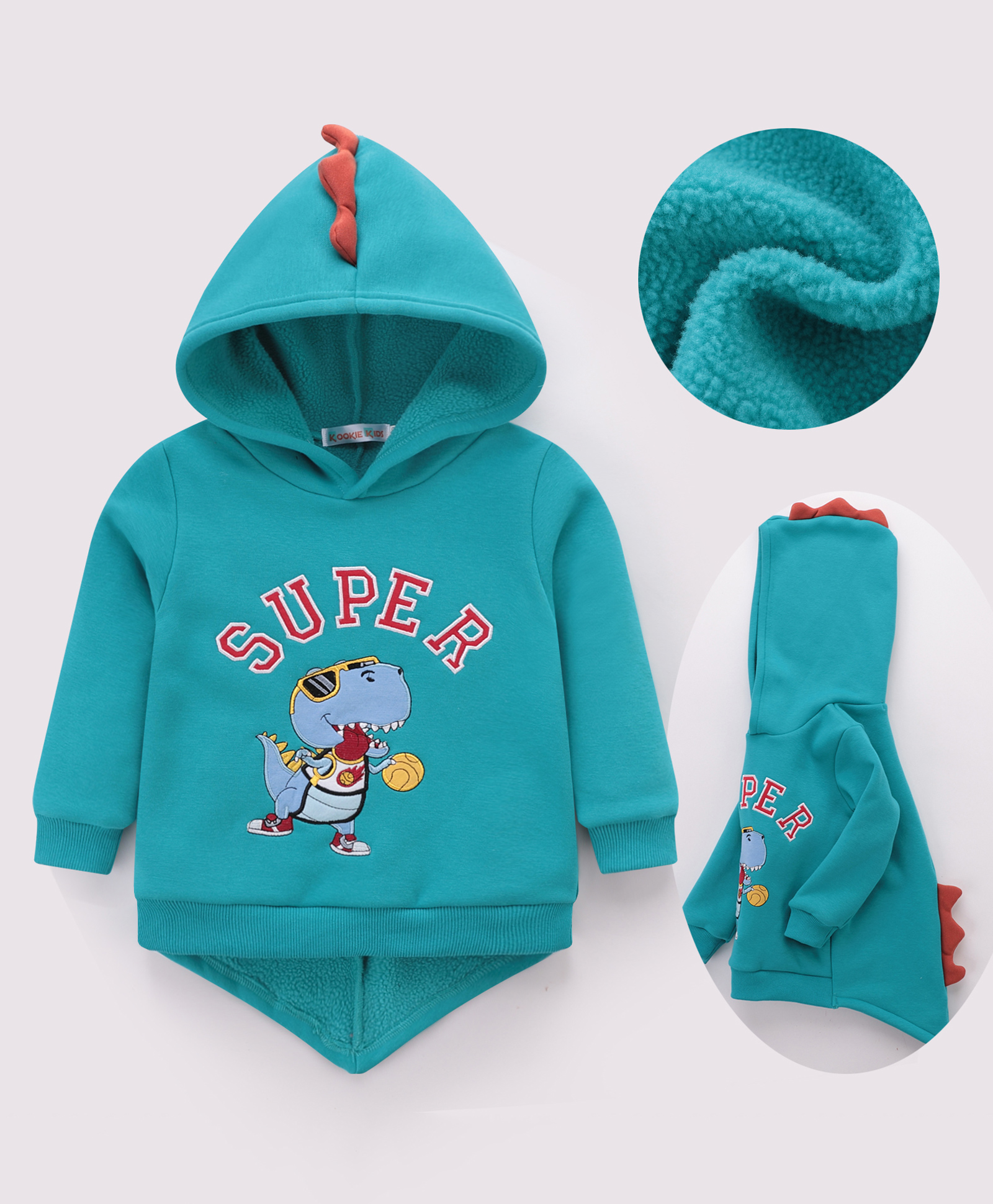 Kookie Kids Full Sleeves Hooded Sweatshirt With Dino Embroidery & Applique - Mint-image-45