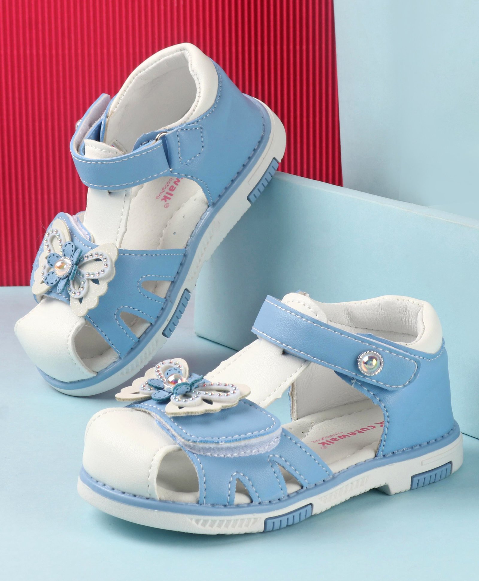 Cute Walk by Babyhug Slip On Sandals with Butterfly Applique & Velcro Closure - Blue-image-14