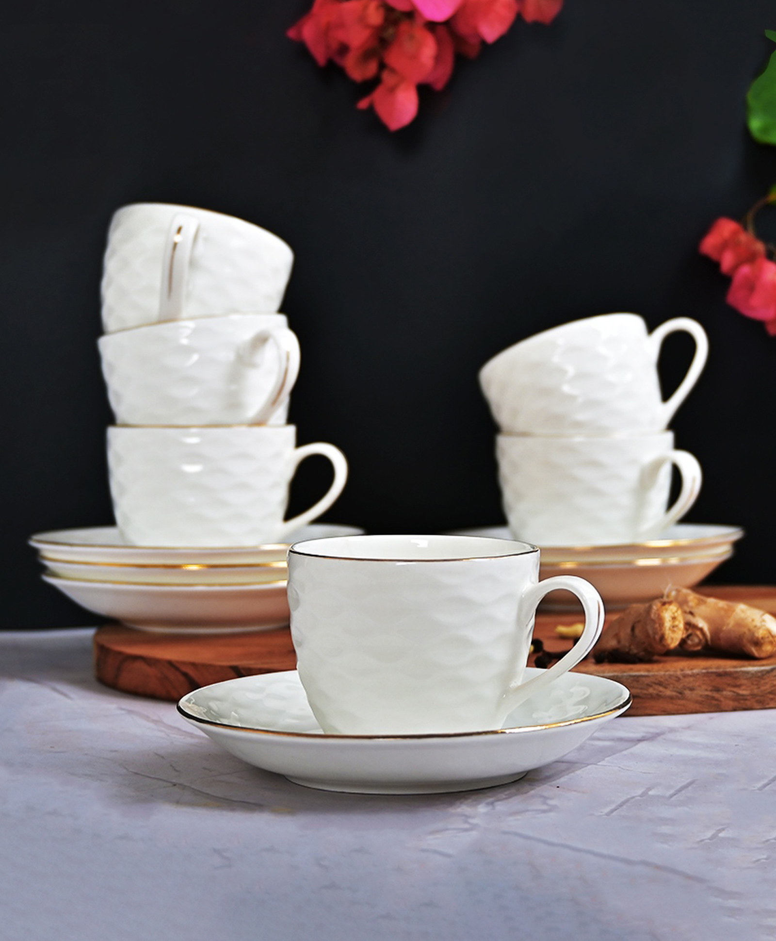 Femora Indian Ceramic Gold Line Wave Ripple Pattern White Tea Cups, Mugs and Saucer-200 ml - Set of 6-picture-10