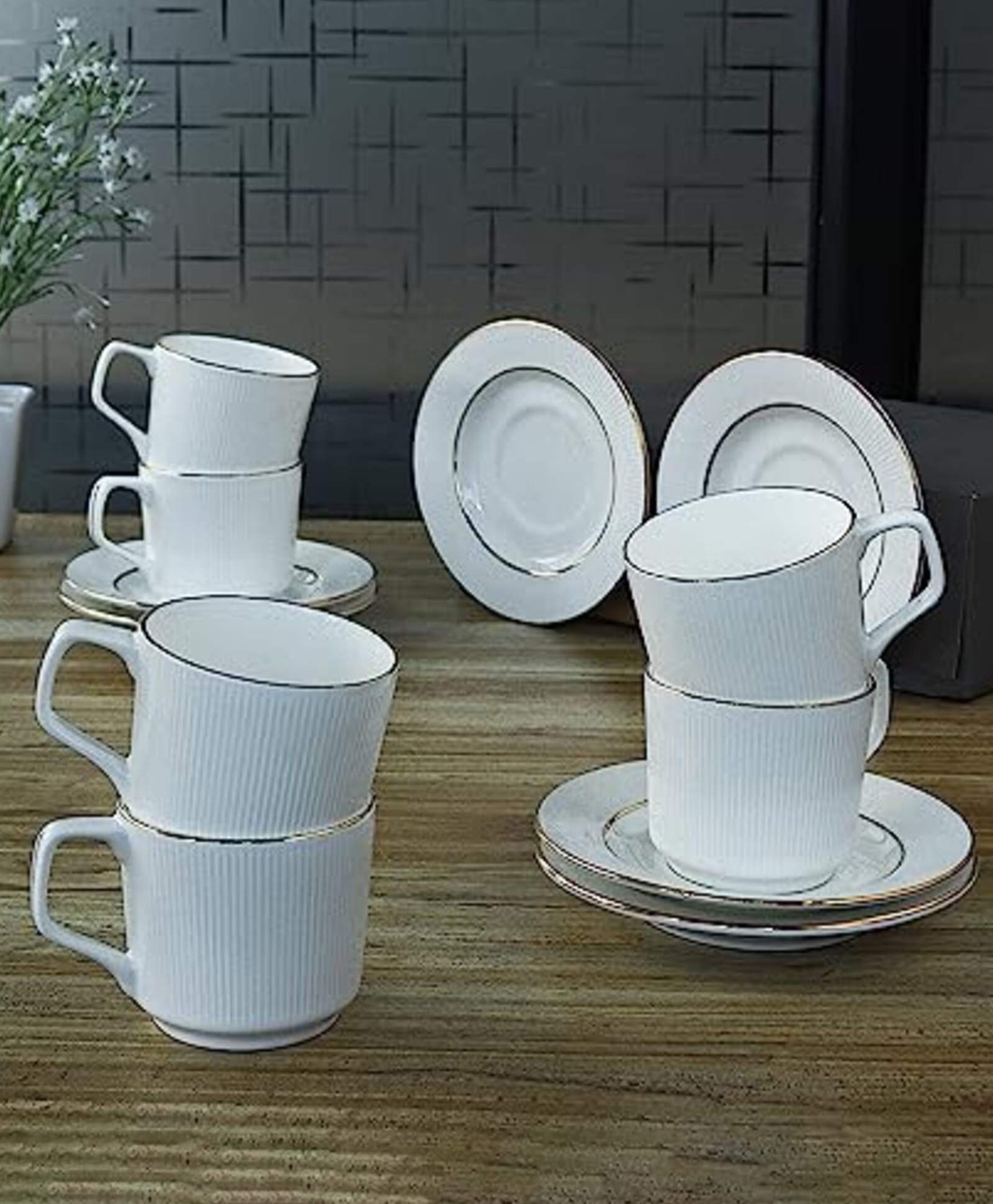 Femora Indian Ceramic Gold Line with Vertical Bar White Tea Cups, Mugs and Saucer-200 ml - Set of 6-image-27