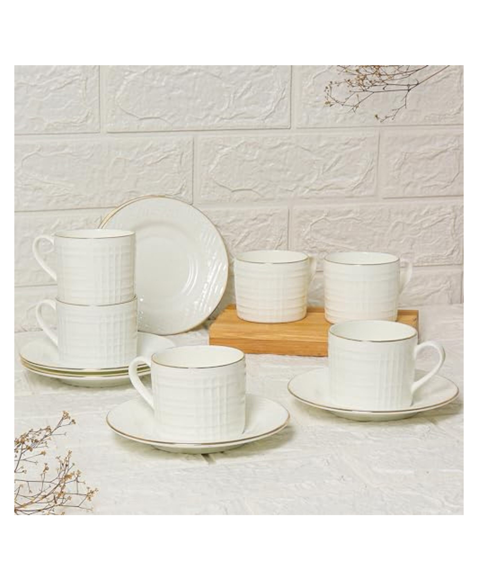 Femora Indian Ceramic Gold Line Square Cut White Tea Cups, Mugs and Saucer-200 ml - Set of 6-picture-16