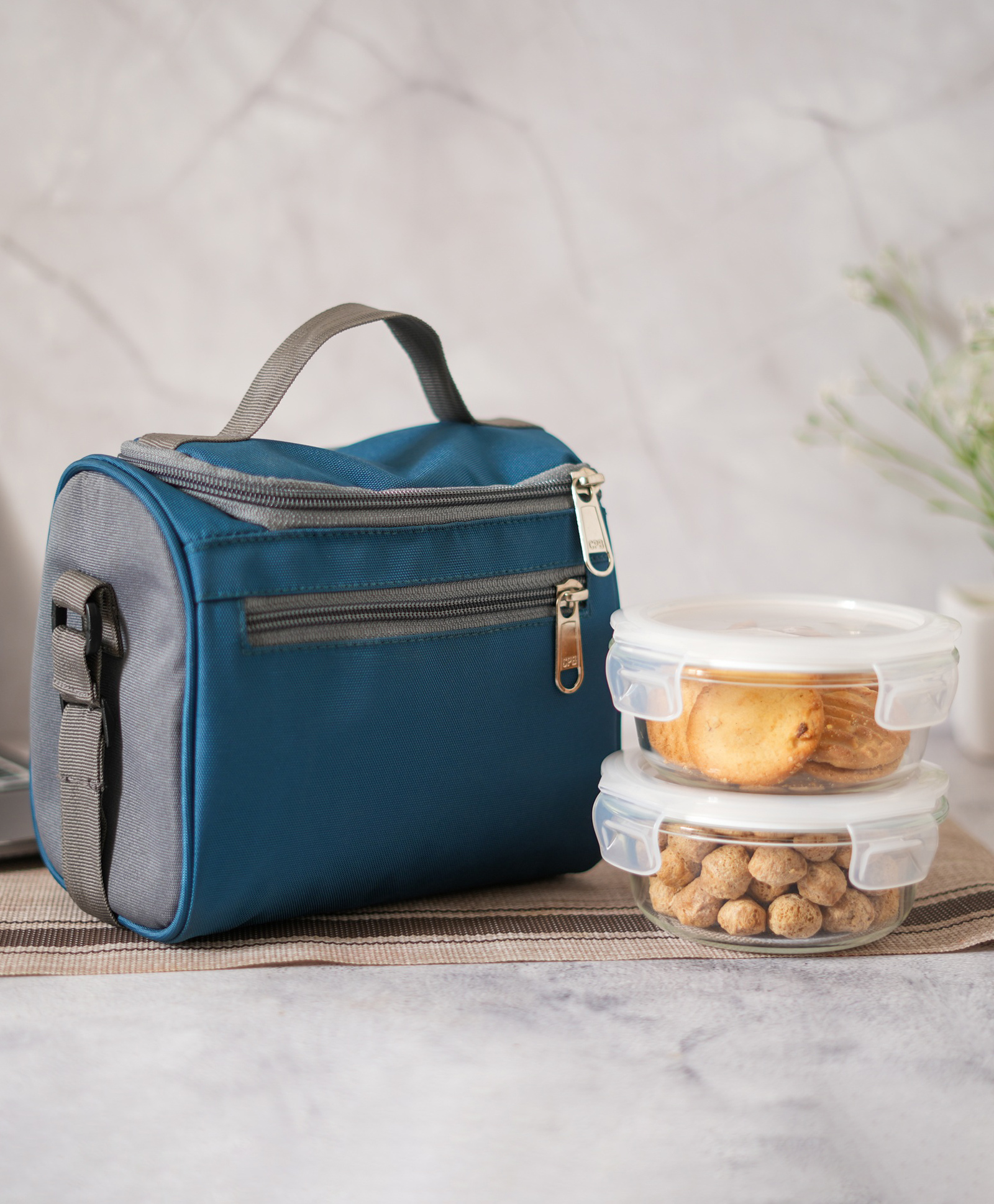 Femora Borosilicate Glass Container Lunch Box with Bag for Office, School, Blue, Round, 380 ml (2 Container+ 1 Bag)-image-29