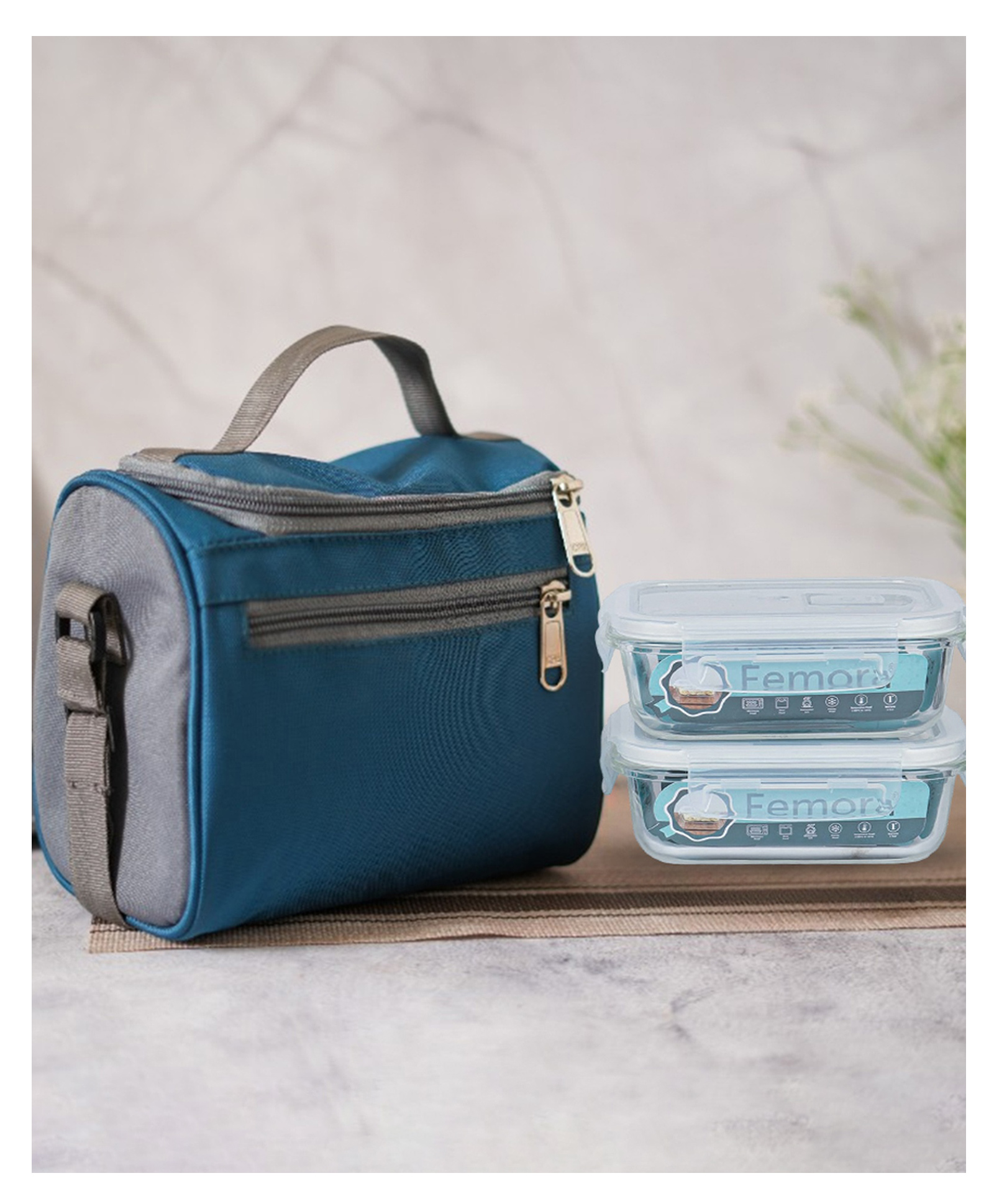 Femora Borosilicate Glass Container Lunch Box with Bag for Office, School, Blue, Rectangular, 400 ML-image-19