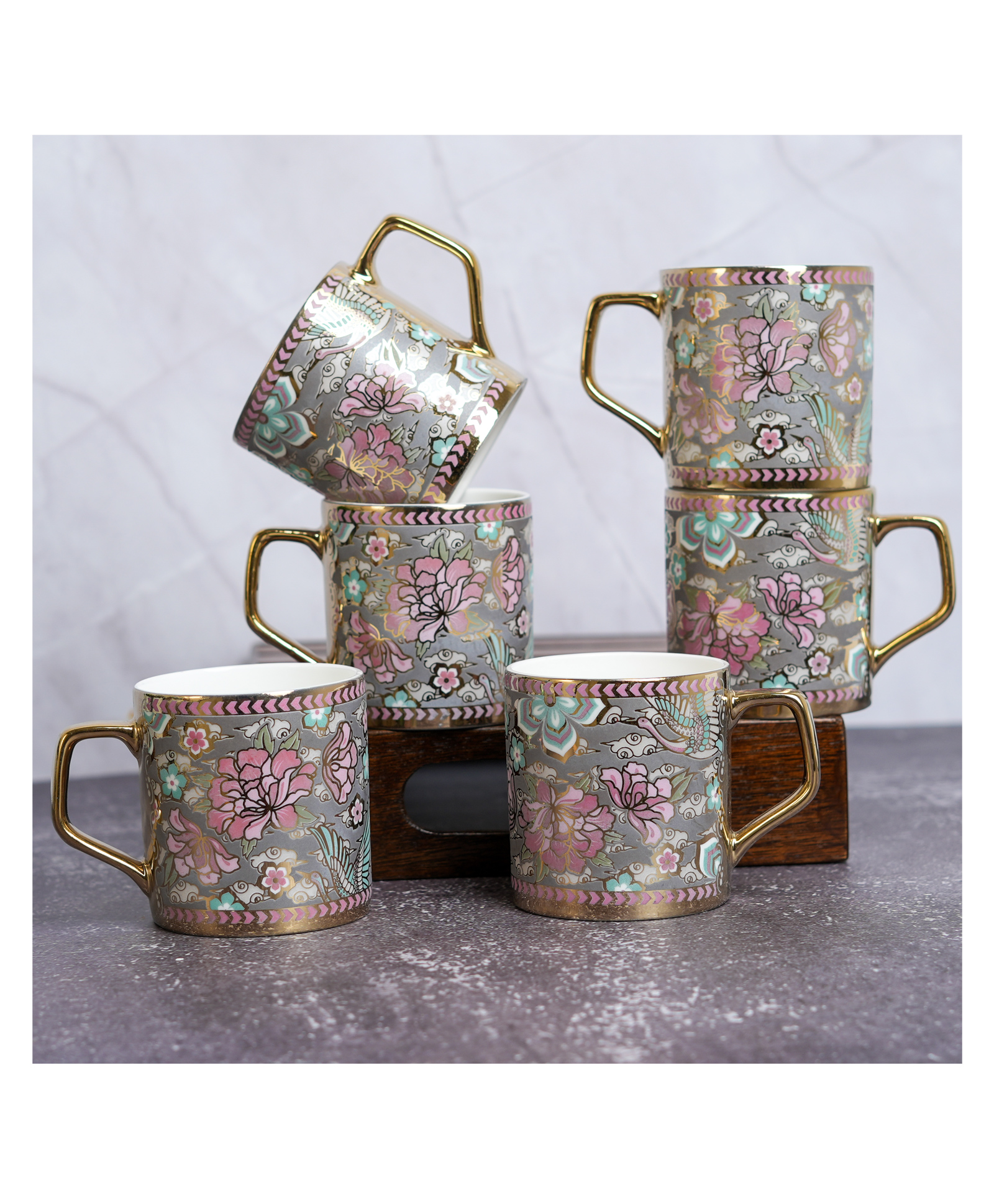 Femora Pink Blue Floral Blossom Grey Moss Ceramic Tea and Coffee Mugs-image-22