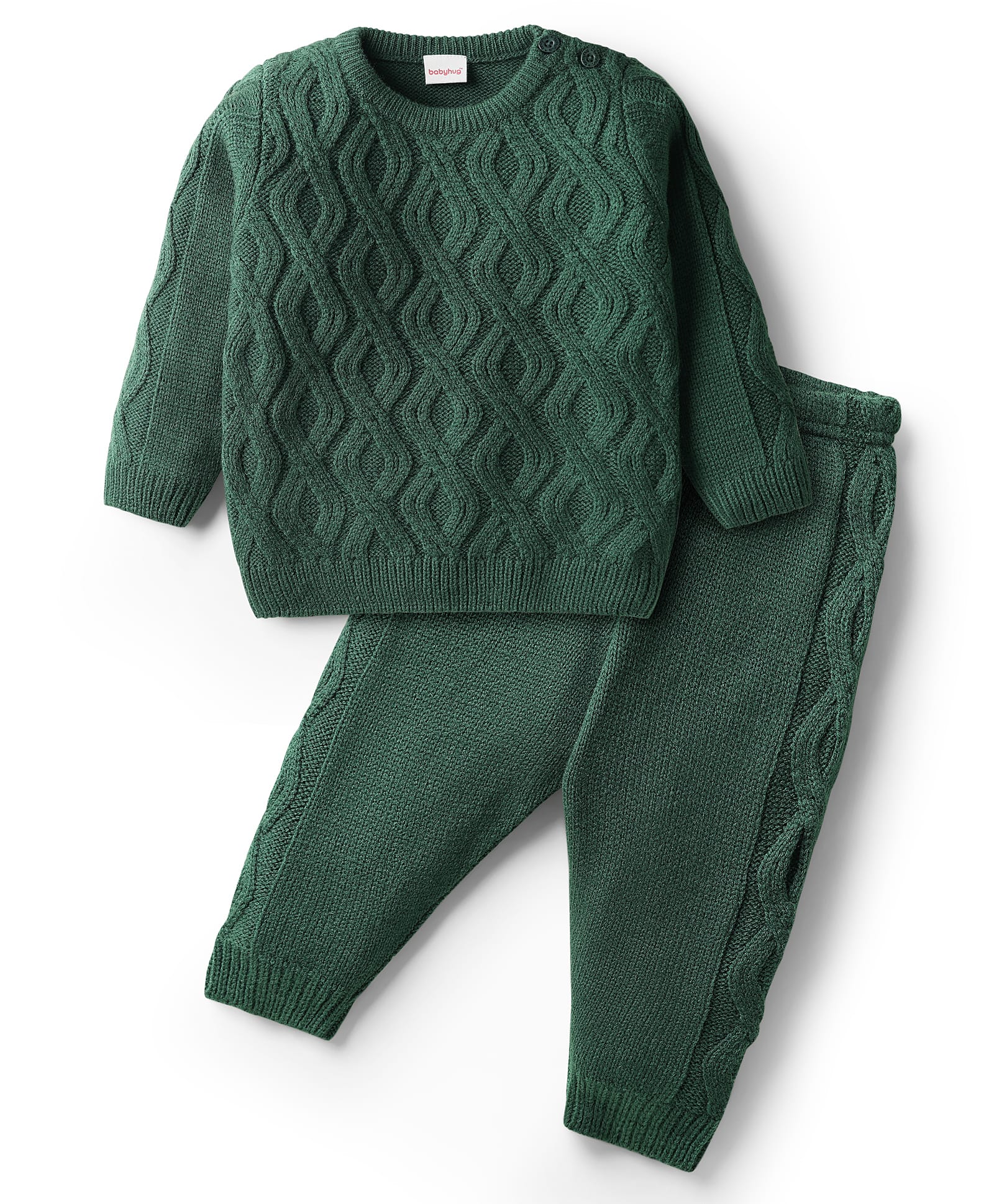Babyhug Knit Full Sleeves Solid Coloured Pullover Sweater Set With Cable Knit Design - Dark Green-image-30