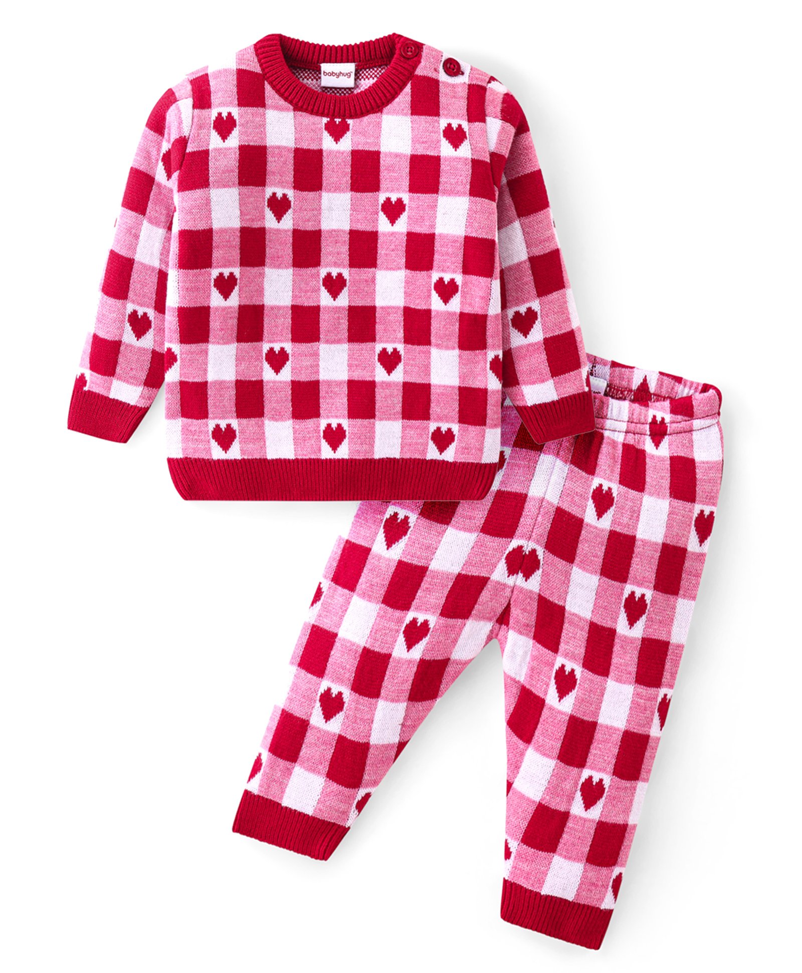 Babyhug Knitted Full Sleeves Sweater Set with Heart & Checks Design - Red & White-image-29