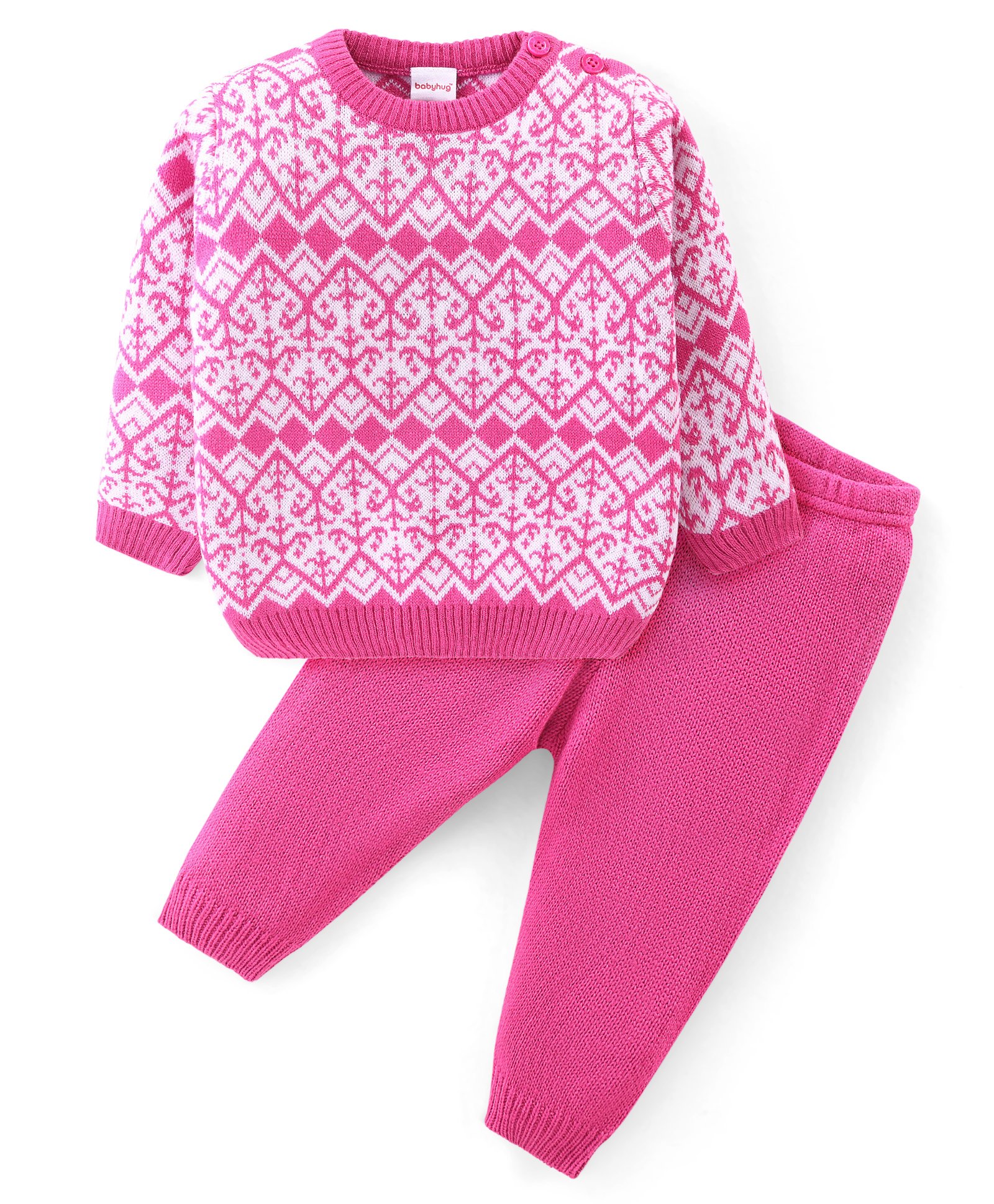 Babyhug Knitted Full Sleeves Sweater Set With Colour Aztec Design - Pink