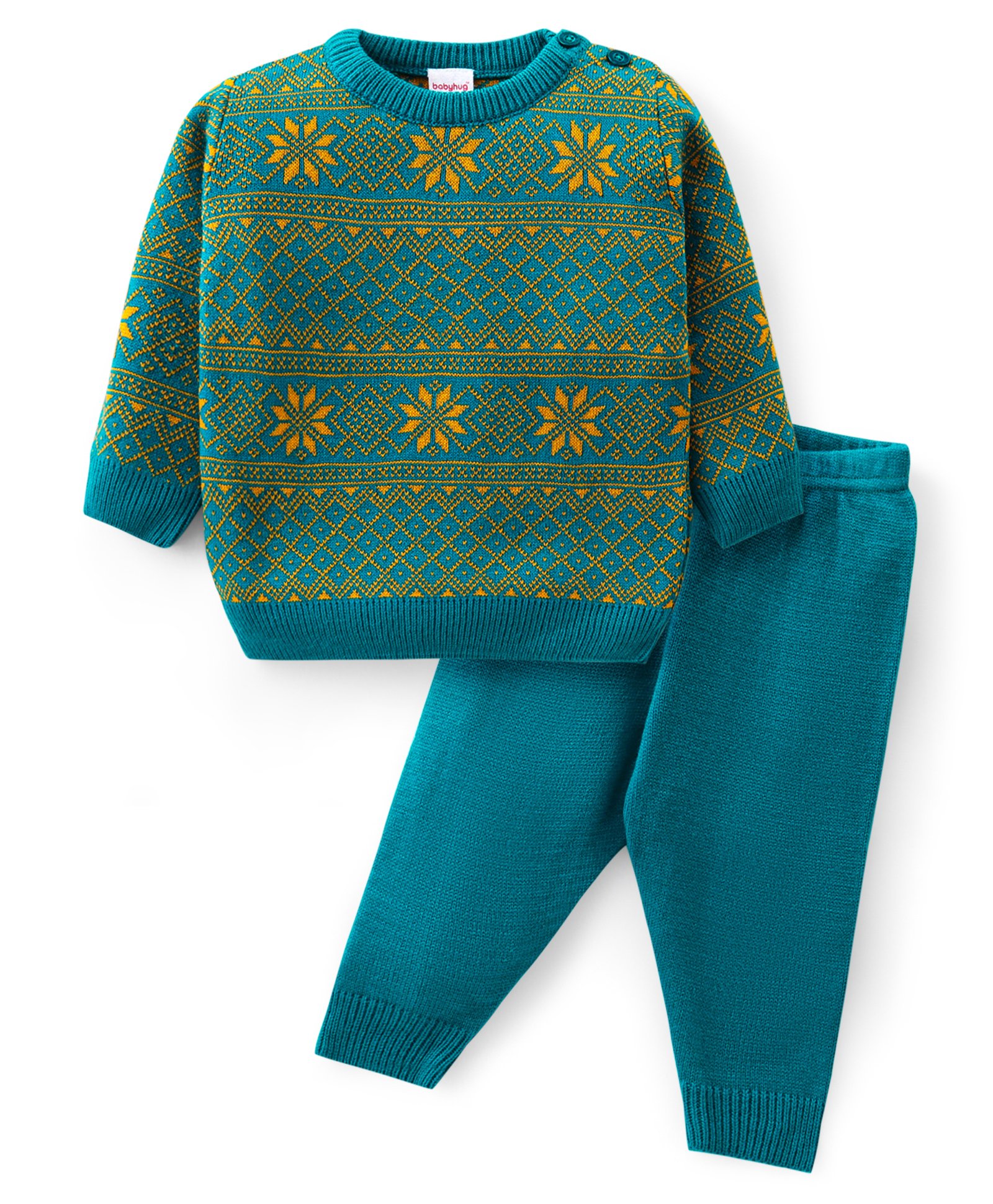 Babyhug Knitted Full Sleeves Pullover   Sweater Set with Intarsia Design - Teal Blue-picture-25