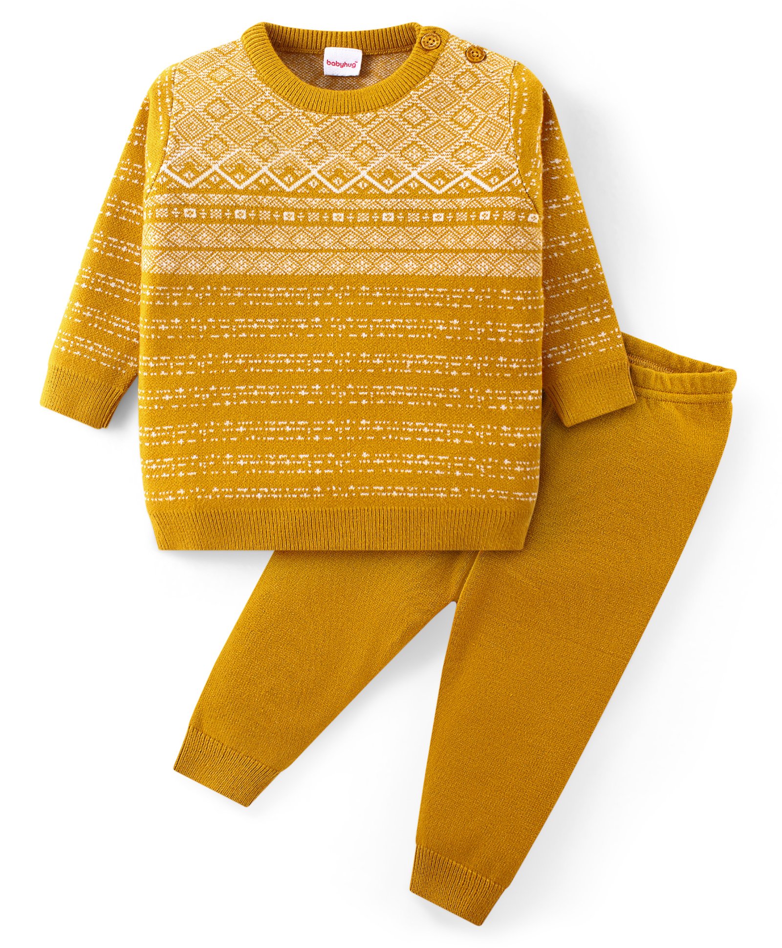 Babyhug Knit Full Sleeves Sweater Set with Aztec Design - Mustard-image-15