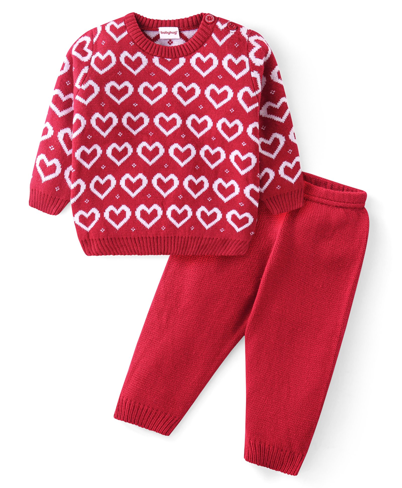 Babyhug Knitted Full Sleeves Sweater Set with Heart Design - Red-picture-23