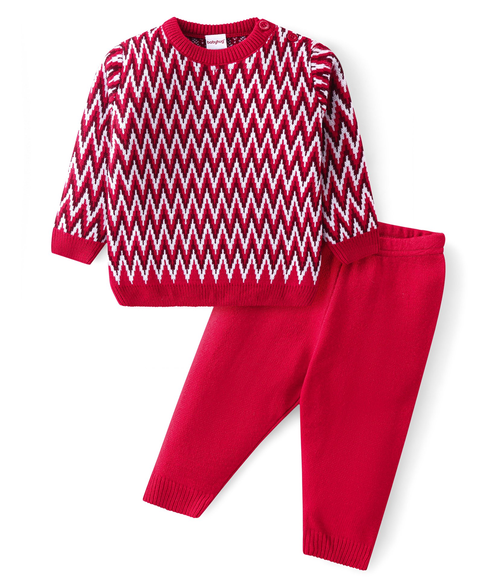 Babyhug Knitted Full Sleeves Sweater Set with Chevron Design - Red-image-27