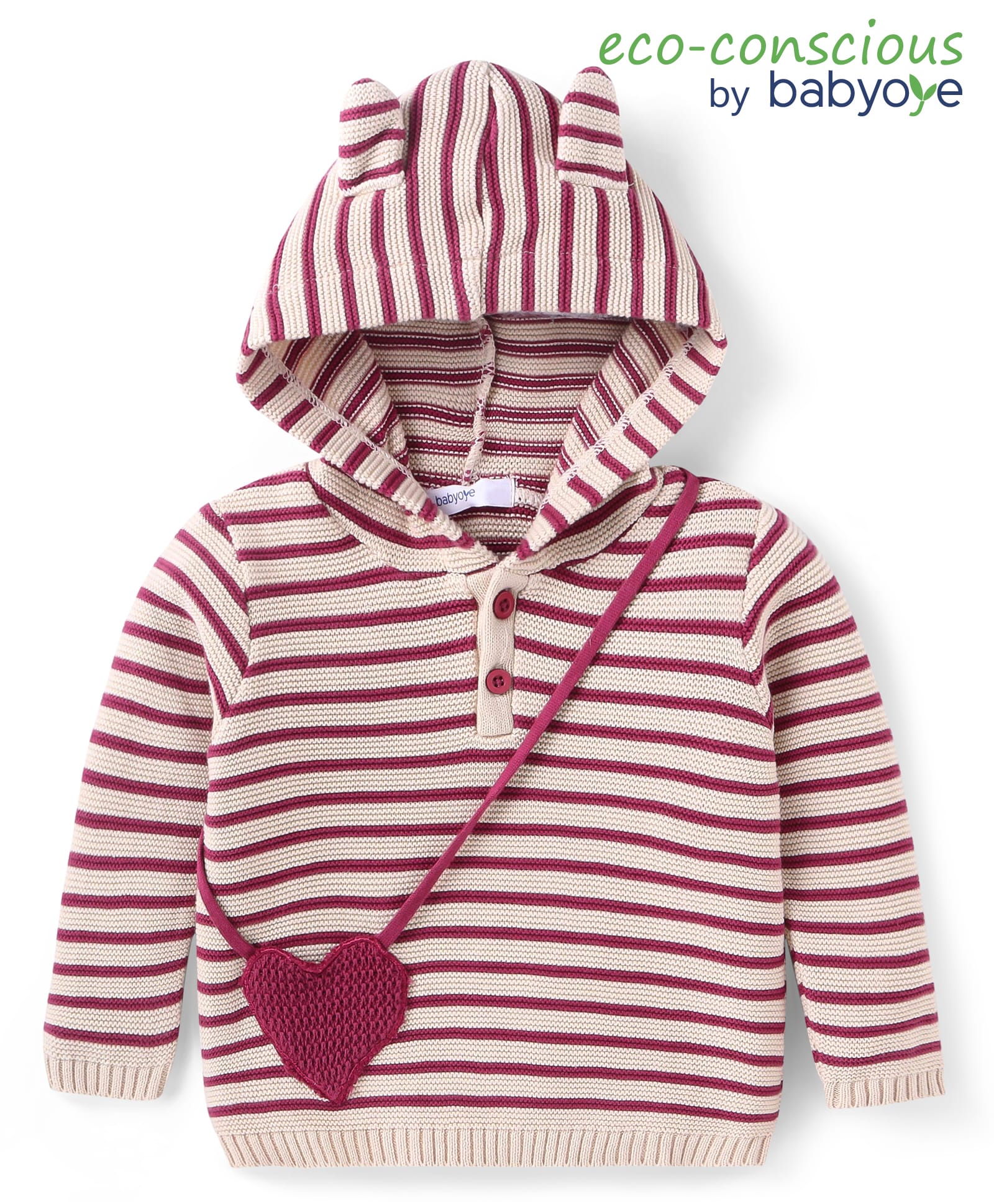 Babyoye Knitted Full Sleeves Hooded Striped Designed Sweater with Attached Sling Applique - Maroon & Cream