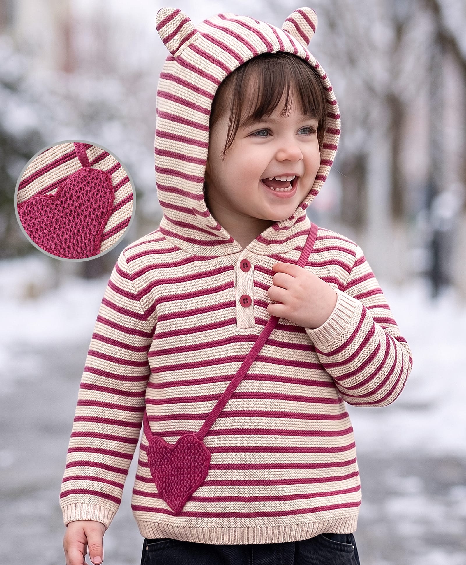 Babyoye Knitted Full Sleeves Hooded Striped Designed Sweater with Attached Sling Applique - Maroon & Cream-image-45