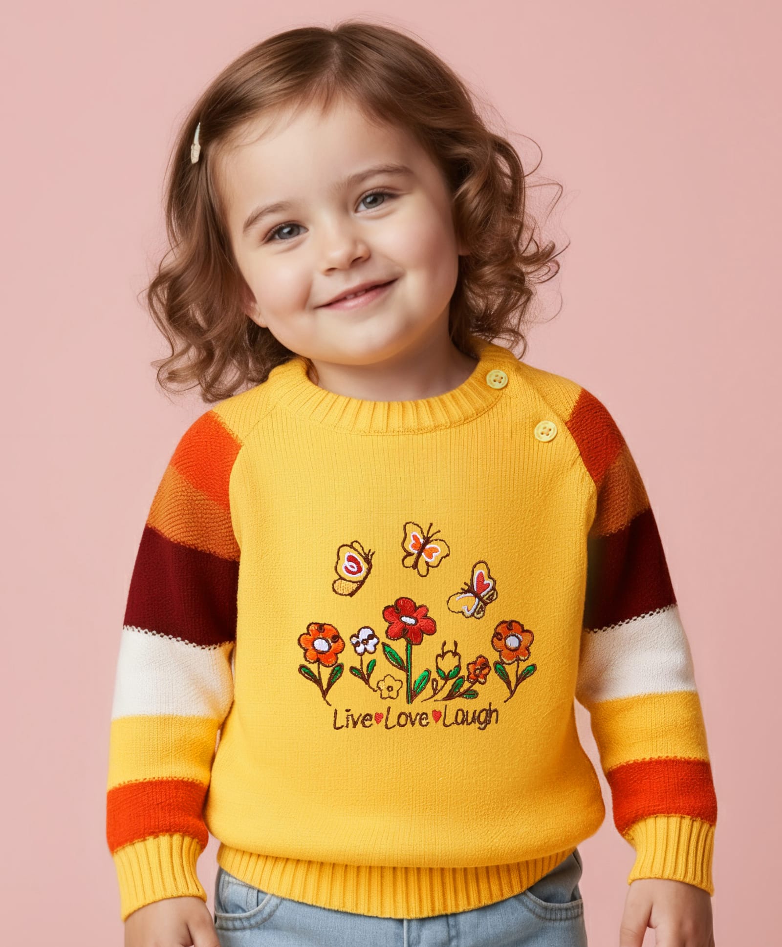 Babyoye Knitted Full Raglan Sleeves Pullover Sweater With Floral Embroidery - Yellow-image-40