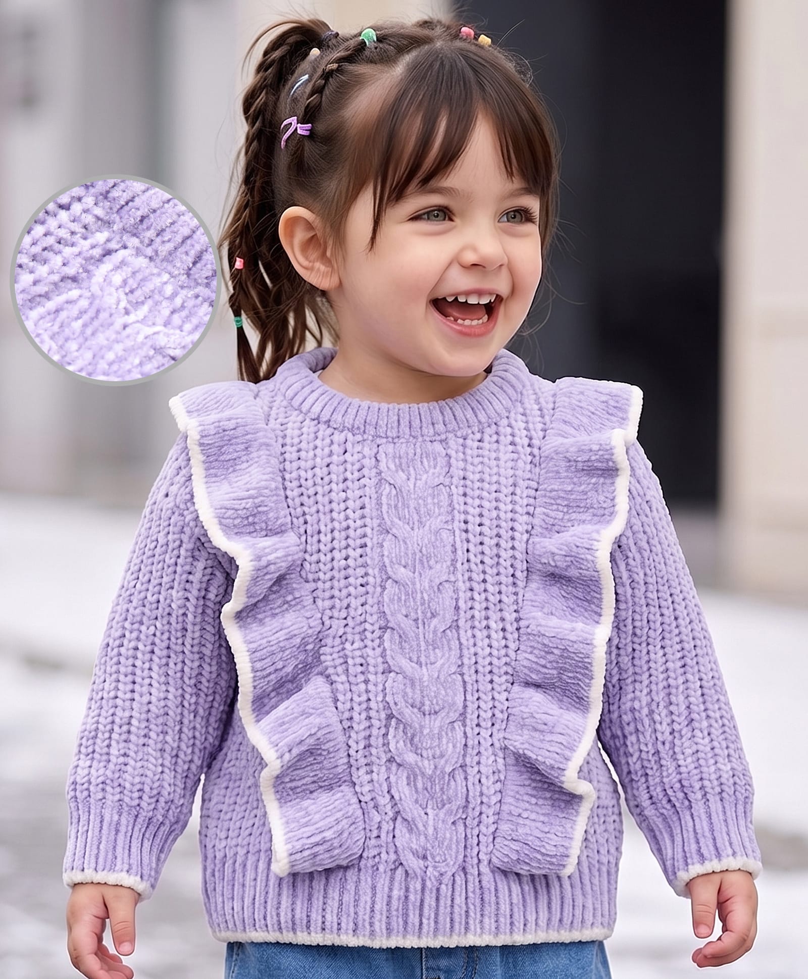 Babyoye Knitted Full Sleeves Pullover Sweater with Frill Detailing & Cable Knit Design - Lilac-image-23