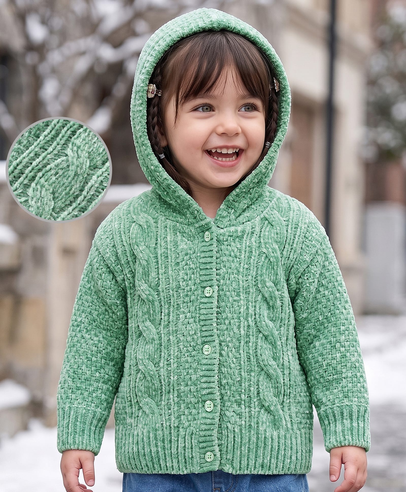 Babyoye Full Sleeves Cable Knit Design Hooded Front Open Sweater - Green-image-40
