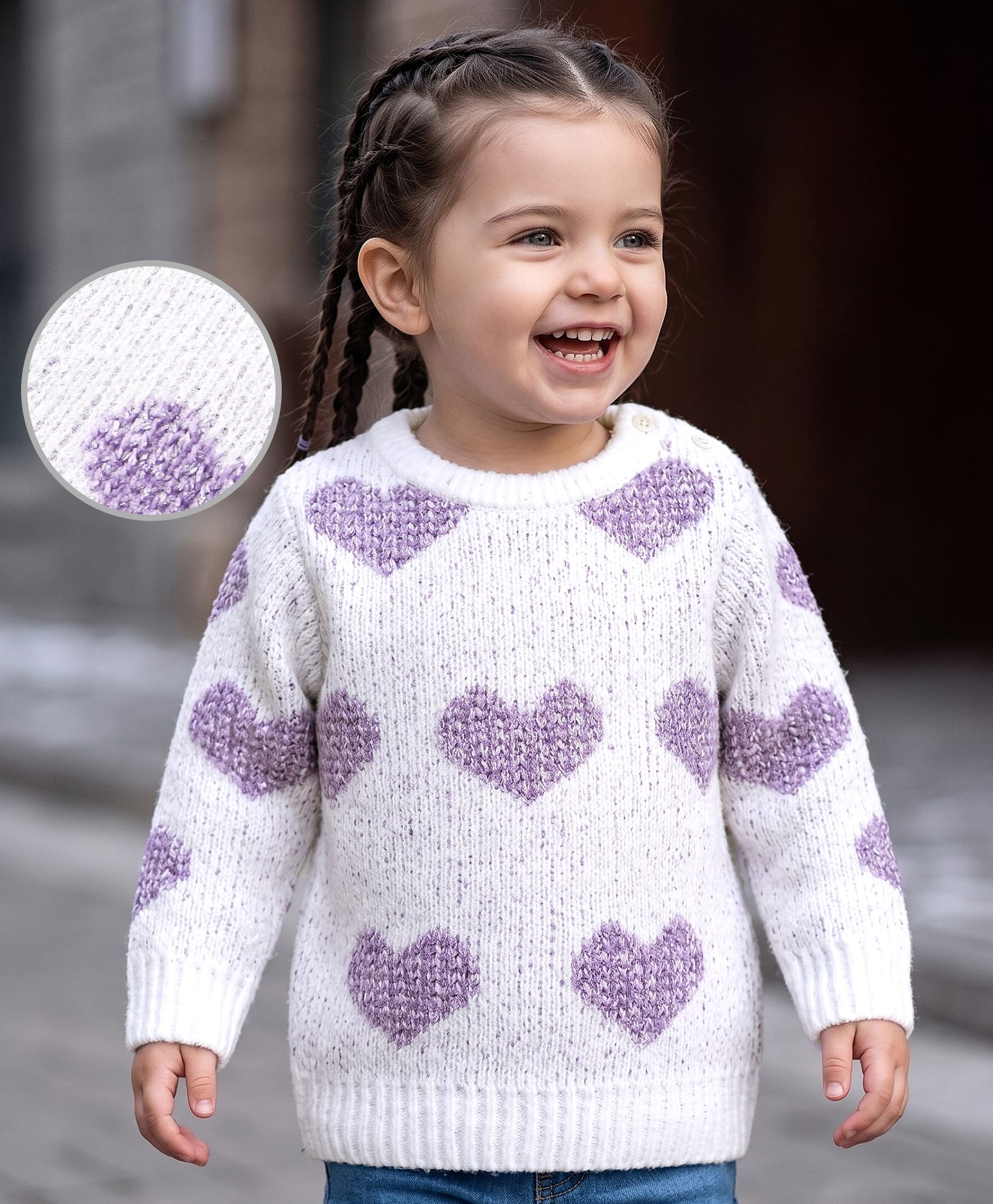Babyoye Jaquard Knitted Full Sleeves Pullovers Heart Design -White-image-4