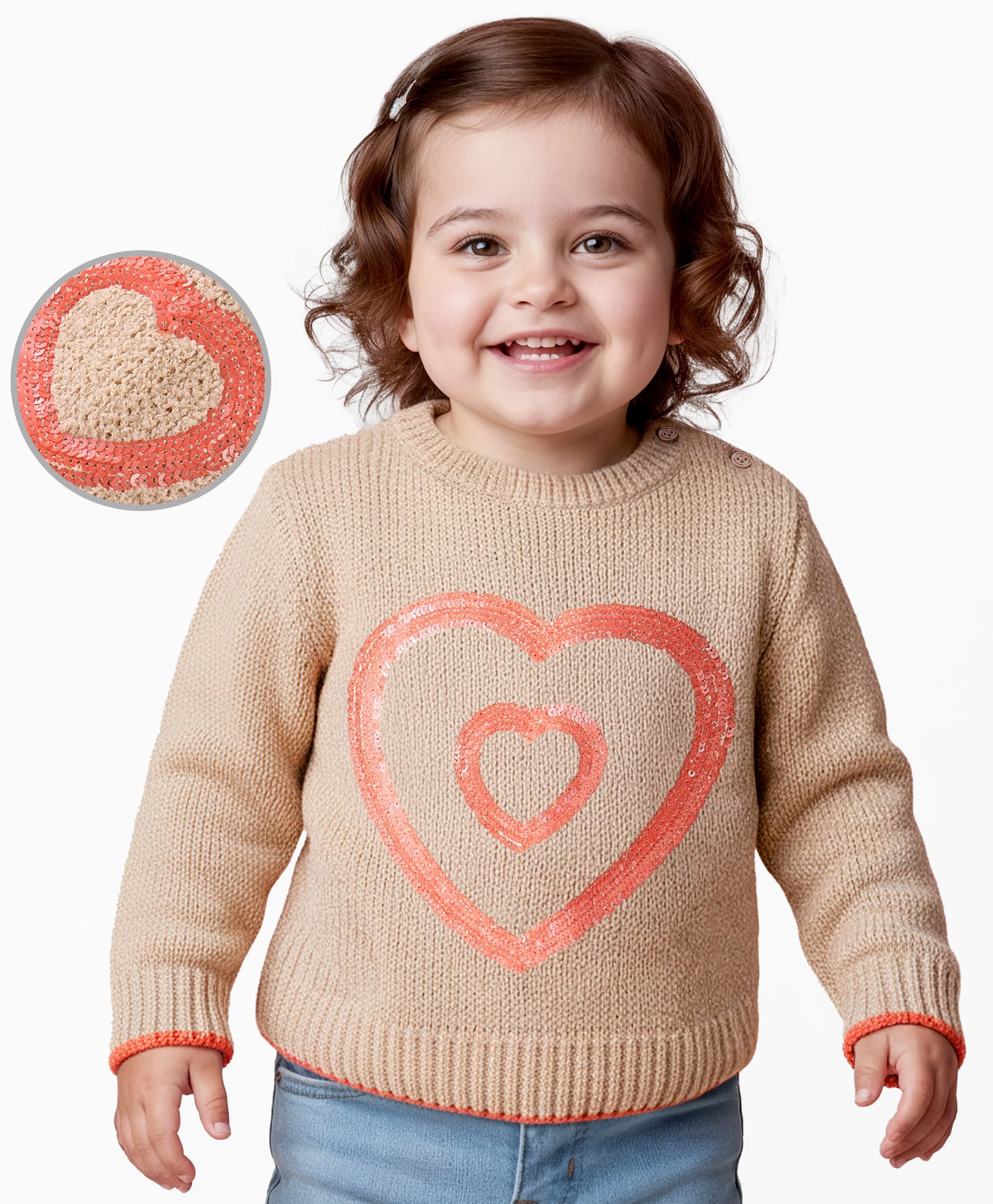 Babyoye Knitted Full Sleeves Pullover Sweater with Sequin Heart Detailing - Beige-image-37