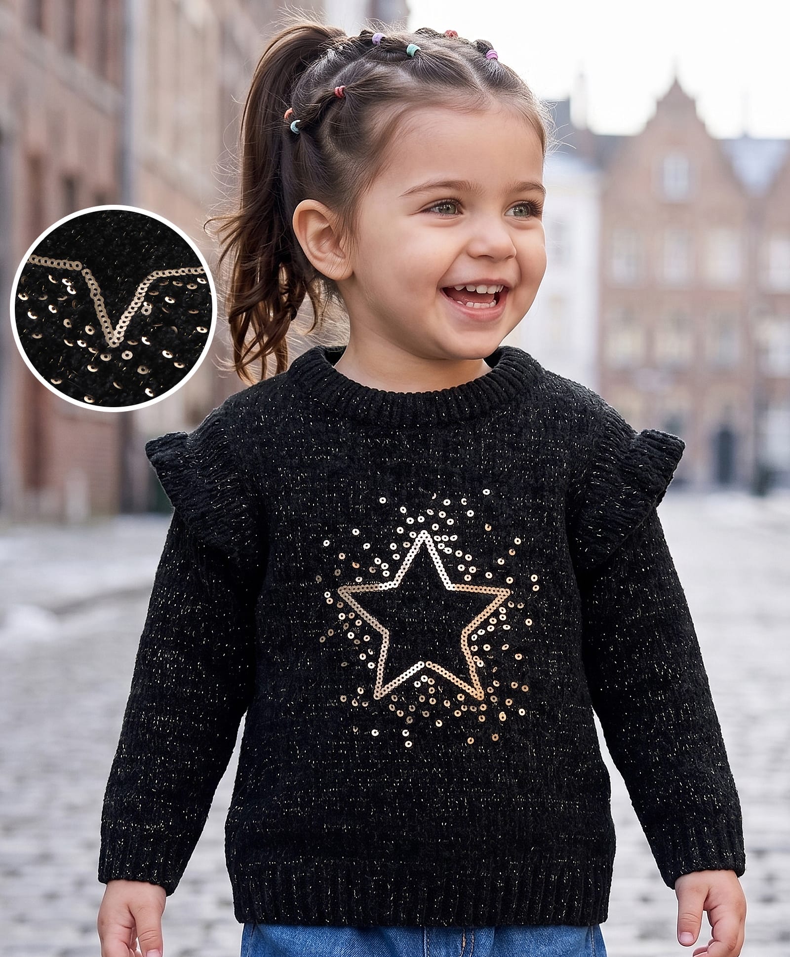Babyoye Knitted Full Sleeves Pullover Sweater with Star Sequin Detailing - Black-image-41