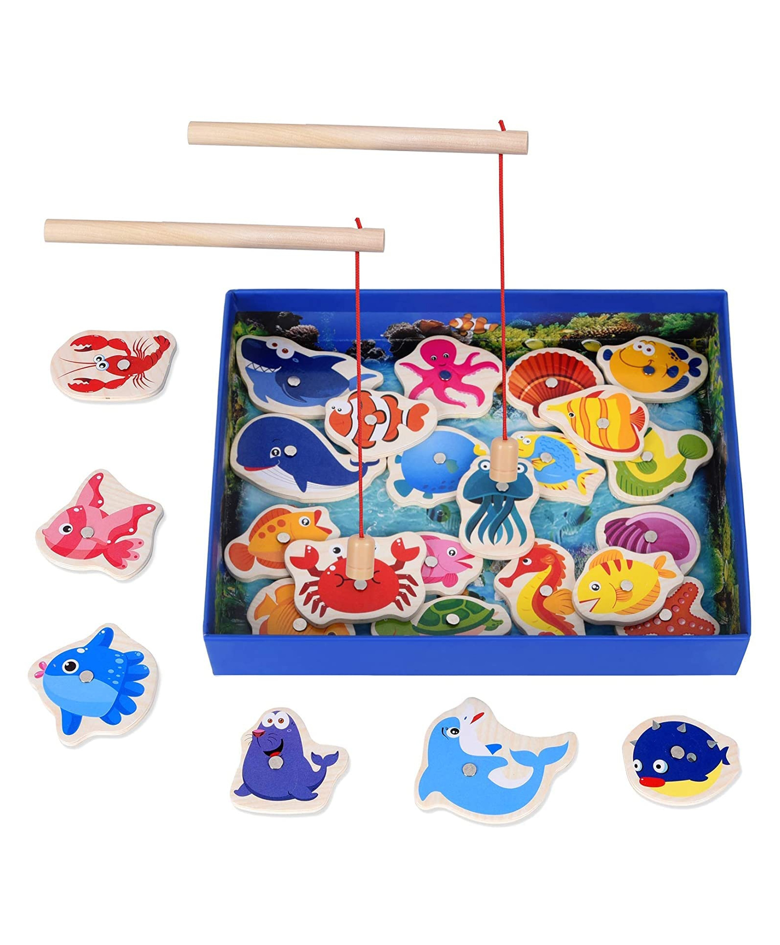 PLUSPOINT Wooden Fishing Magnetic Toy Set Fishing Game 30 Piece Fishes 2 Sticks 1 Tray Wooden Magnetic Fishing Travel Table Toy Christmas Birthday Gift (Fish Game)-picture-15