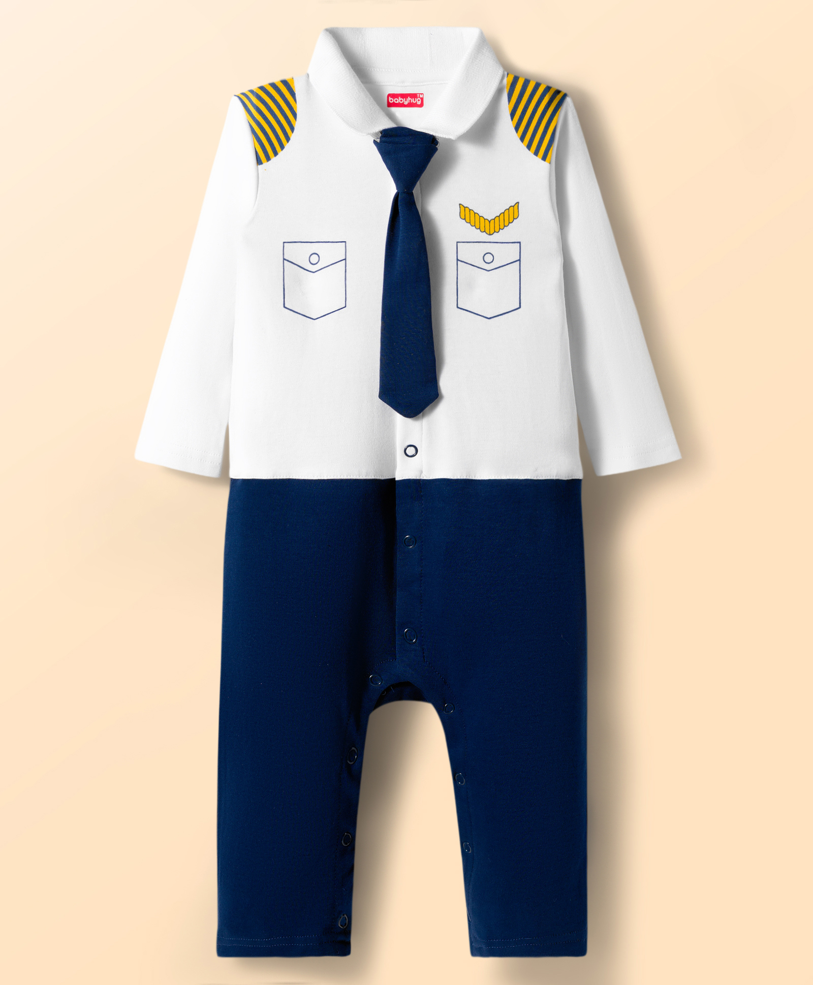 Babyhug 100% Cotton Knit Interlock Full Sleeves Romper with Tie Pocket Print - Navy Blue-picture-28