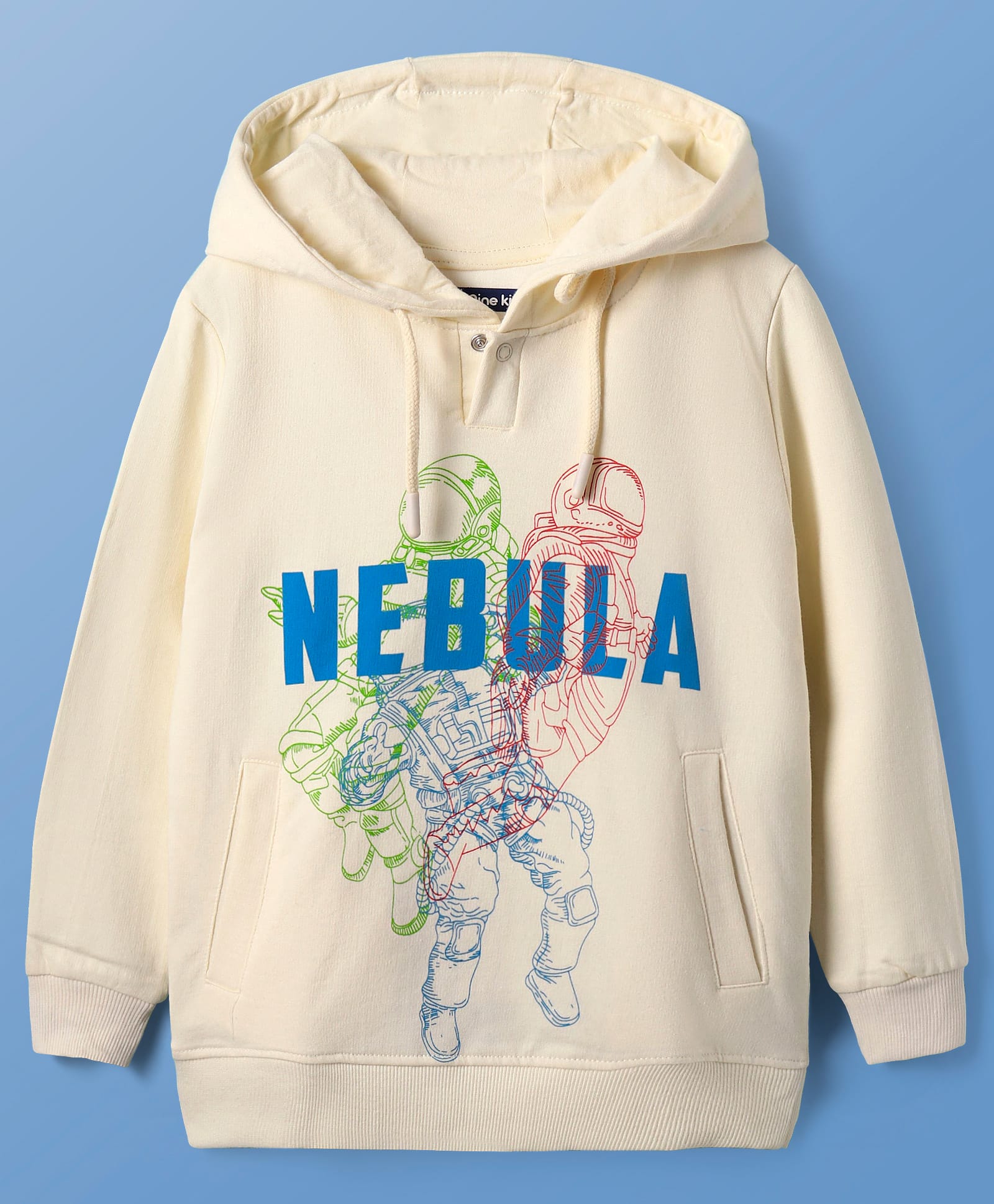 Pine Kids Cotton Knit Full Sleeves Hooded Sweatshirt with Space Theme Print - Cream-picture-35
