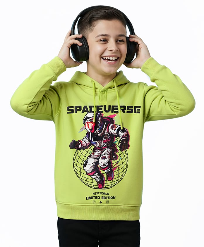 Pine Kids Cotton Knit Full Sleeves Hooded Sweatshirt with Space Theme Print - Lime Green-picture-31