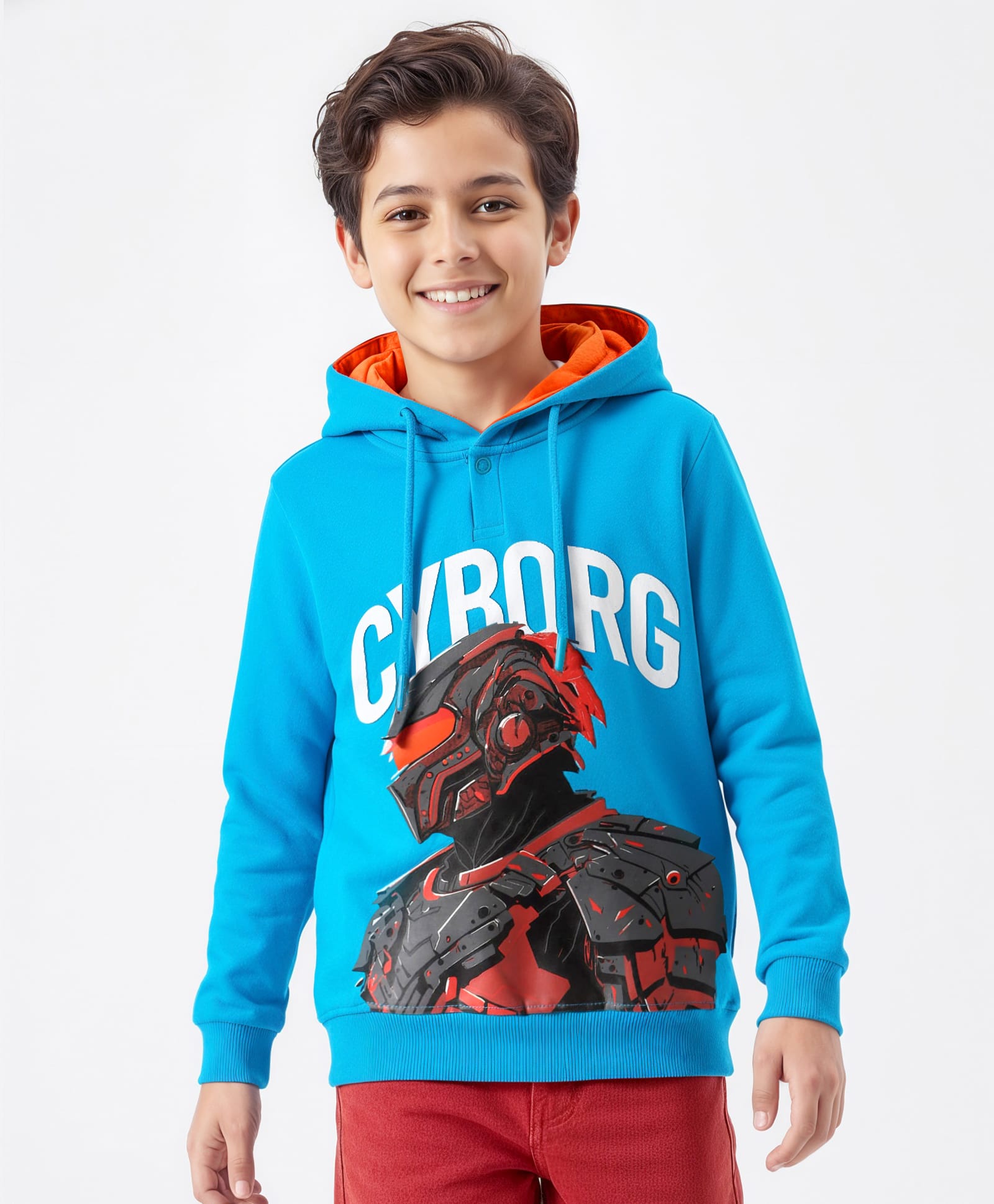 Pine Kids Cotton Knit Full Sleeves Hooded Sweatshirt with Cyborg Print - Blue-picture-21