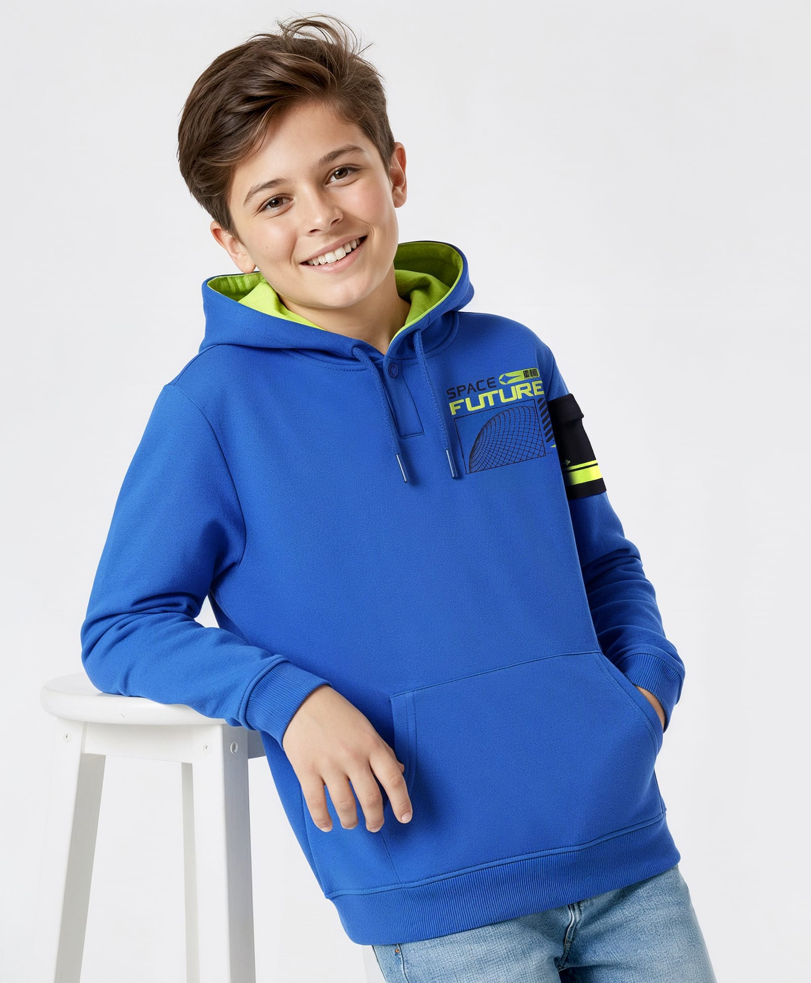 Pine Kids Cotton Knit Full Sleeves Sweatshirt with Text Print & Kangaroo Pockets - Blue-picture-14