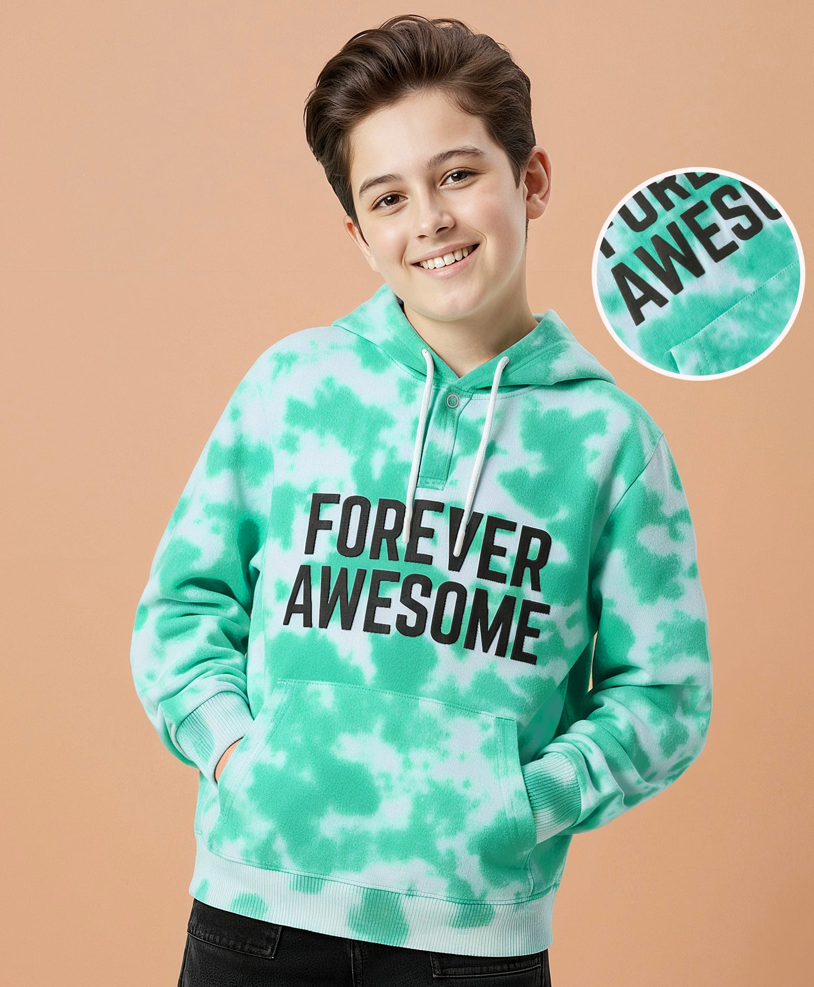 Pine Kids Cotton Knit Full Sleeves Hooded Sweatshirt with Text Print & Kangaroo Pockets - Sea Green & White-picture-23