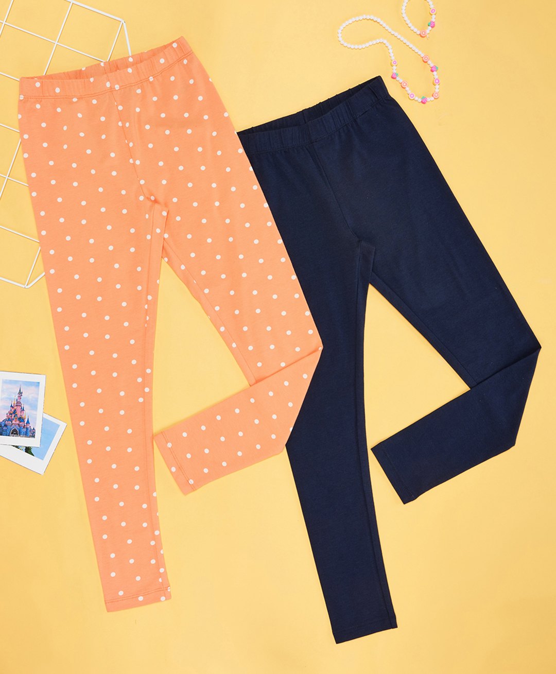 YU by Pantaloons Pack Of 2 Cotton Spandex Solid & Polka Dots Printed Leggings - Multi Colour-picture-35