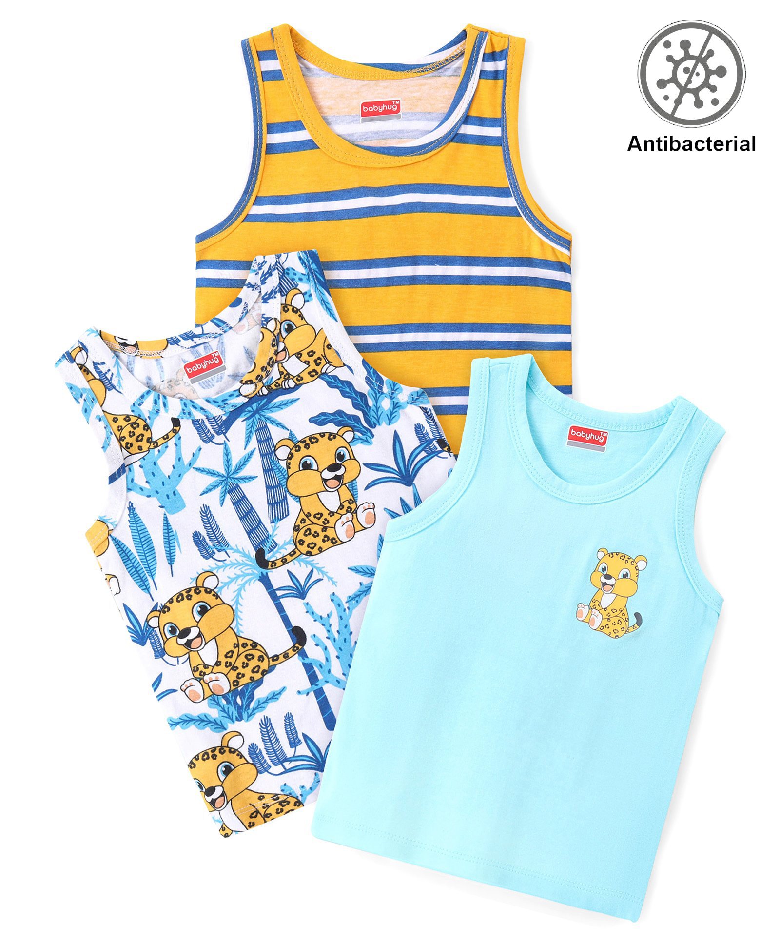 Babyhug 100% Cotton Sleeveless Antibacterial Sando Stiped & Cheetah Print Pack of 3 - Multicolour-image-3