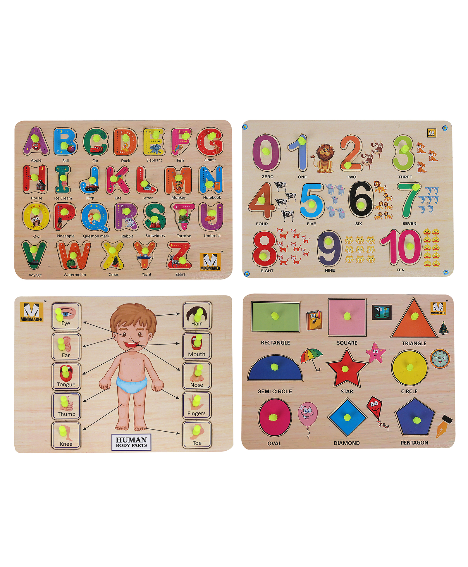 MINDMAKER - Wooden Puzzle with Knobs Educational and Learning Toy for Kids (Alphabets+Numbers+Body Parts+Shapes)-picture-35