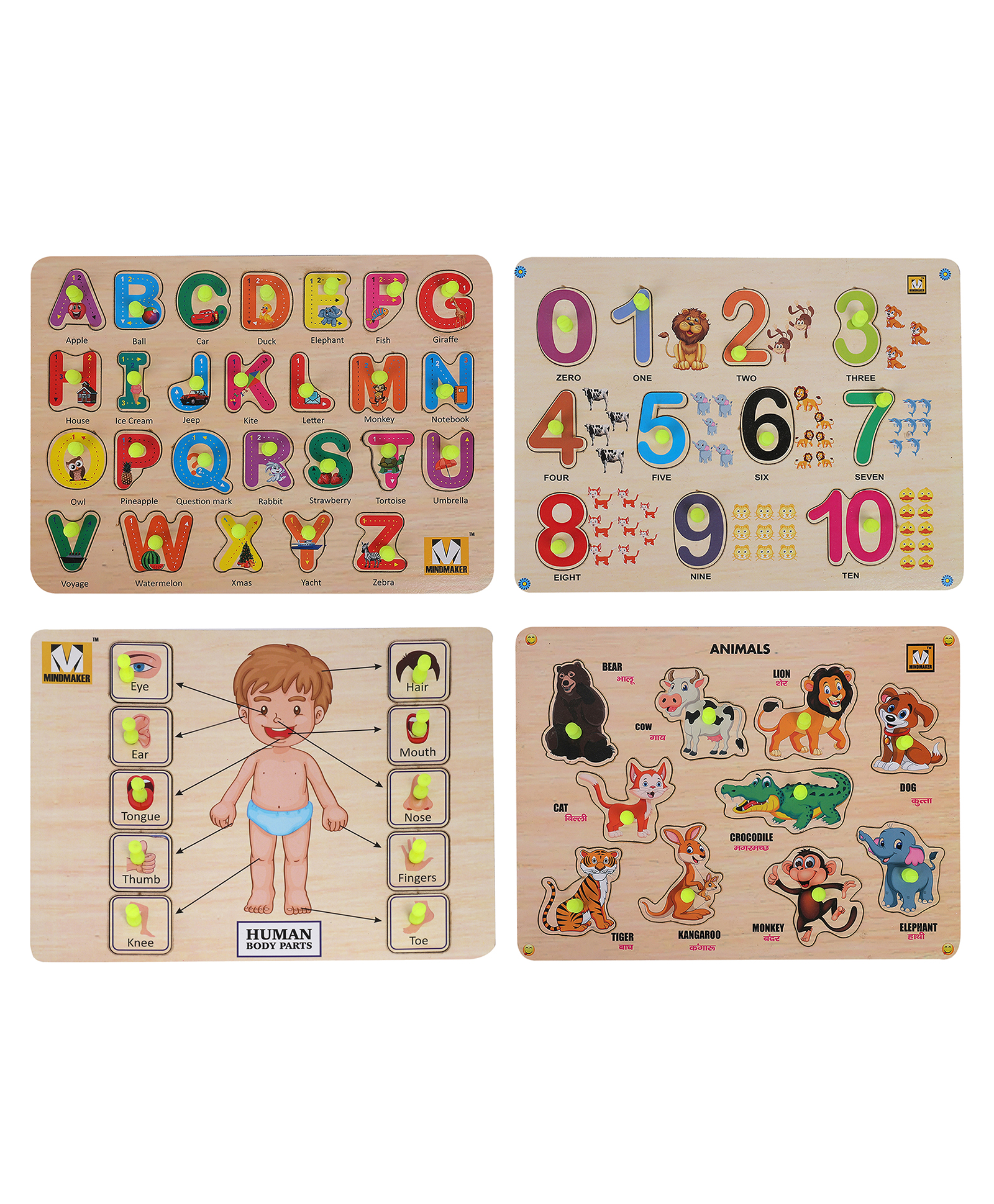 MINDMAKER - Wooden Puzzle with Knobs Educational and Learning Toy for Kids (Alphabets+Numbers+Body Parts+Animals)-picture-37